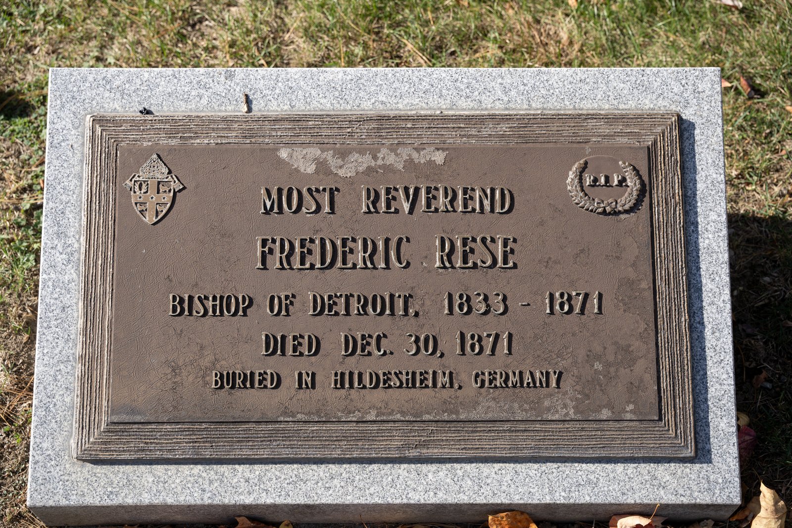 A memorial stone marks the burial place of Bishop Frederic Résé, who served as the first bishop of Detroit from 1833 to 1871.