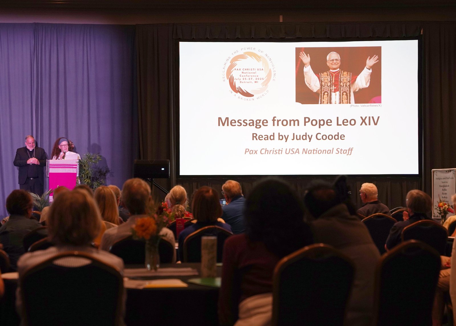 In a papal greeting sent to Pax Christi USA ahead of its national conference, Pope Leo XIV addressed the theme of this year's conference, “Reclaiming the Power of Nonviolence in a Broken World.” It was read aloud by Pax Christi's communications director, Judy Coode, pictured alongside Bishop John Stowe, OFM.