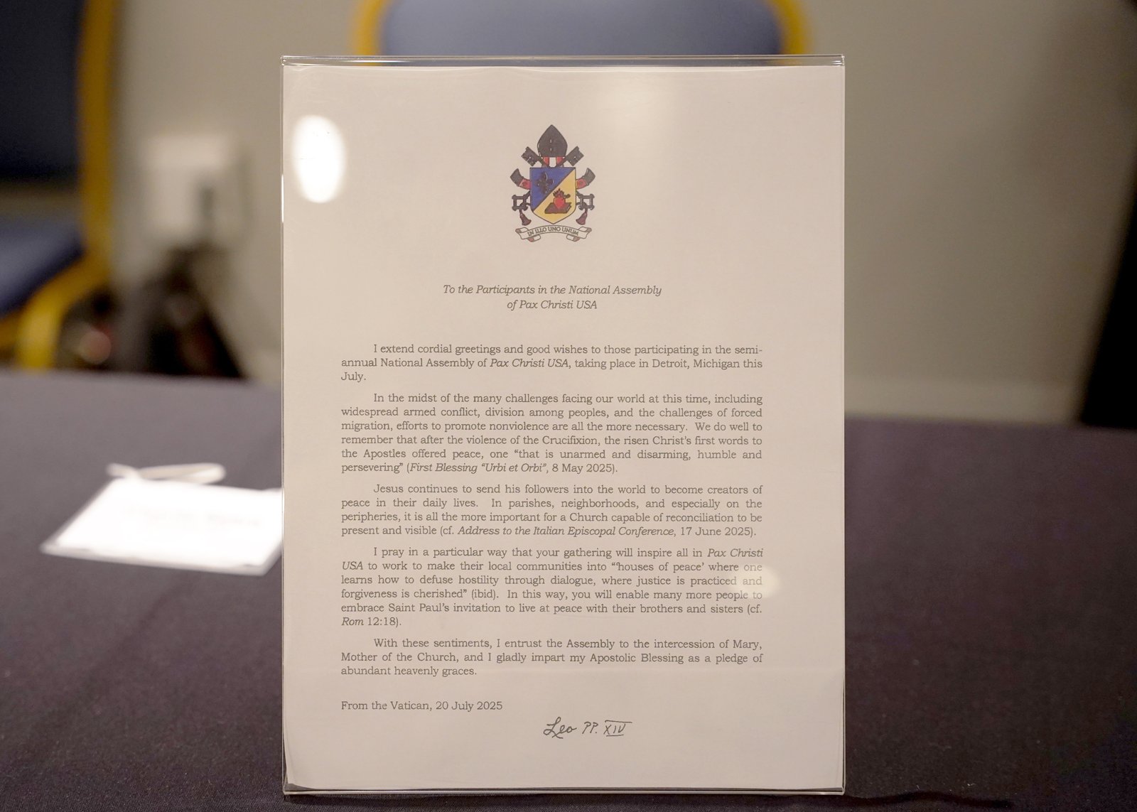In the letter, Pope Leo wrote, "Efforts to promote nonviolence are all the more necessary. We do well to remember that after the violence of the crucifixion, the risen Christ’s first words to the Apostles offered peace, one ‘that is unarmed and disarming, humble and persevering.’"