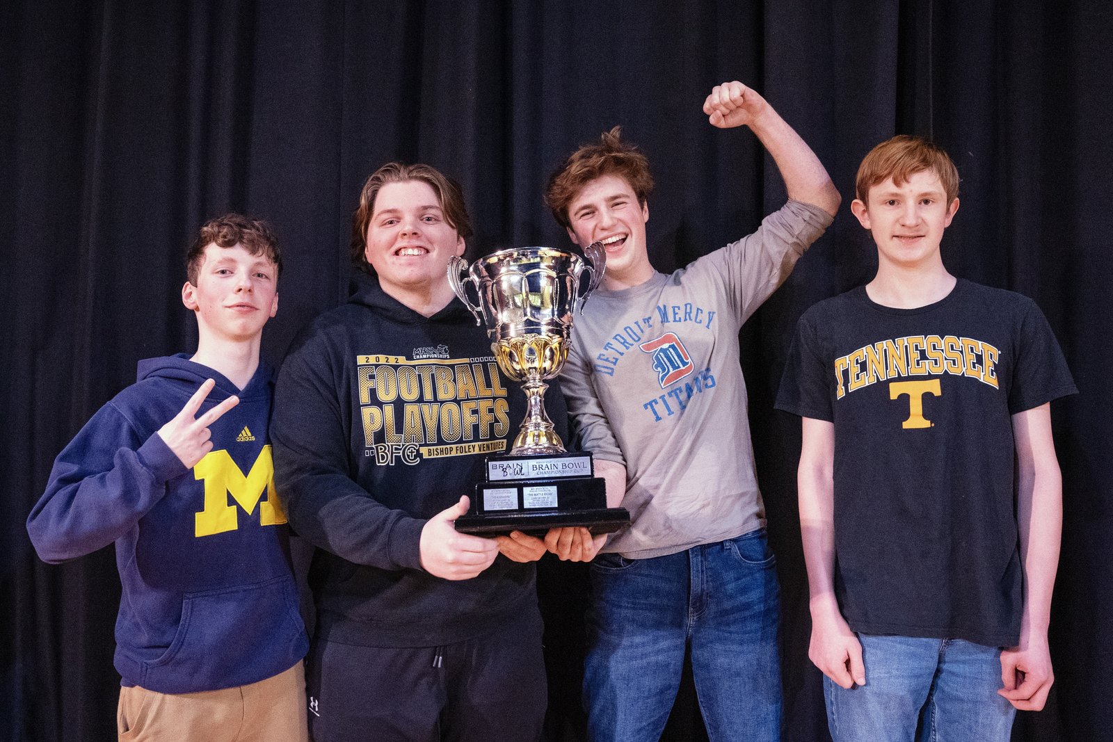 The teams are made up of four students each, with one representative from each grade. From left to right, the winning team included Andrew Bishop ('27), Andrew Glaza ('25), team captain Bennett Arakelian ('24), and Andrew Tanner ('26).
