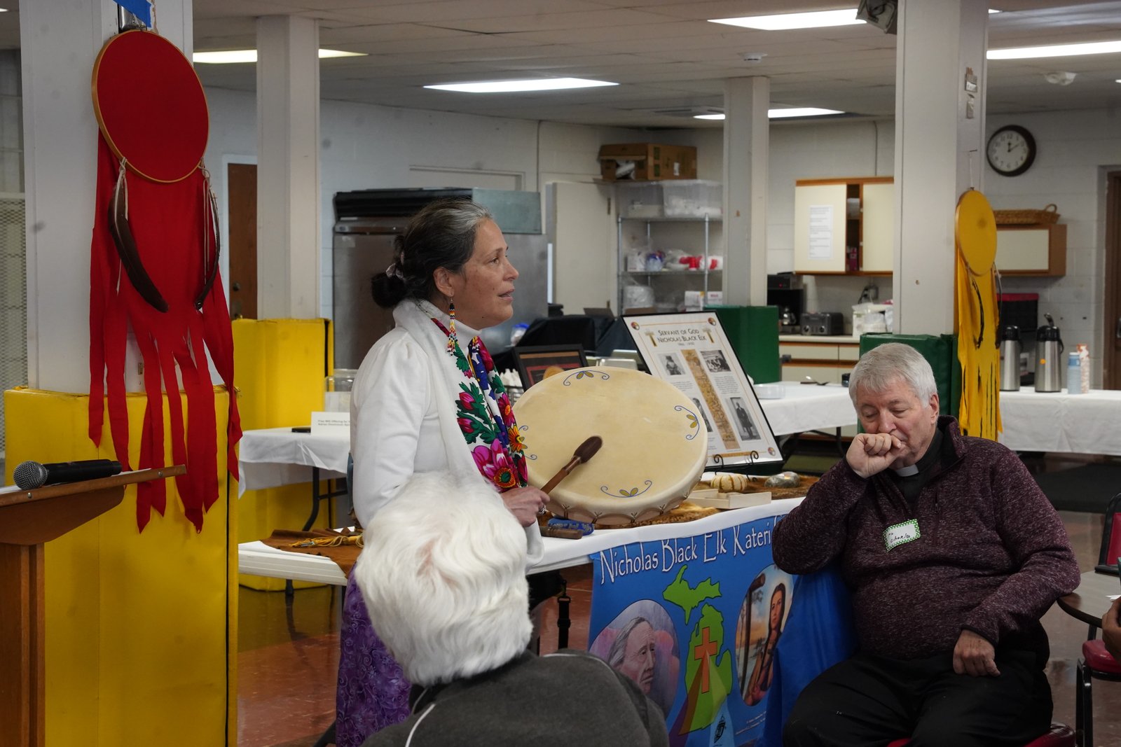 Chantal Yarenda' Nde Yahchrondiak of the Wendat First Nation in Quebec plays the drum and sings stories of her Ojibwe culture.