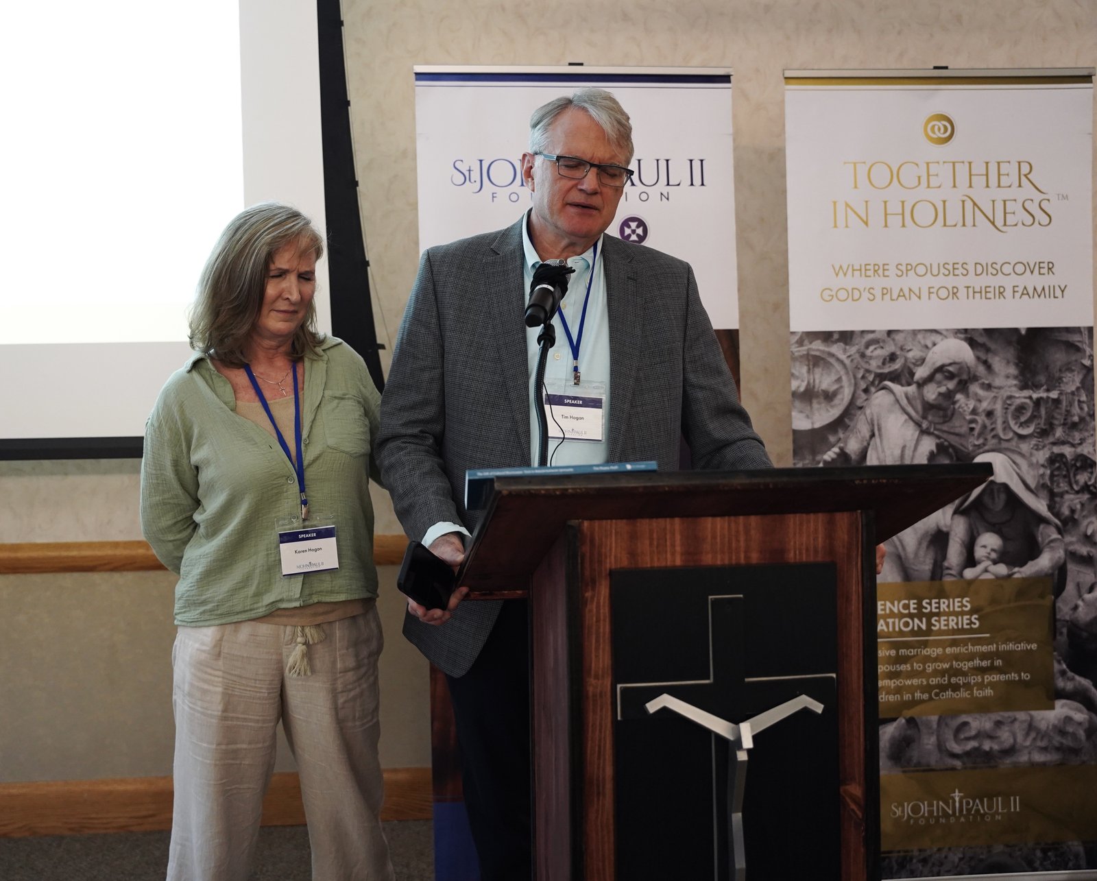 Dr. Timothy and Karen Hogan speak Oct. 11 during the Call to Holiness conference at St. James Parish in Novi. The Hogans encouraged couples to pray together, especially the Daily Examen, as a way to communicate in love both with one another and with God.