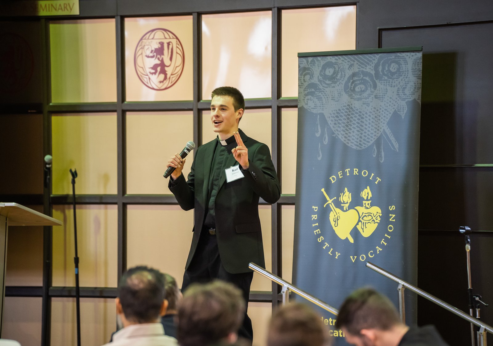 Karl Finkbeiner, a first-year theology seminarian from Our Lady of Good Counsel Parish in Plymouth, offers his vocation testimony during a discernment day March 28 at Sacred Heart Major Seminary.