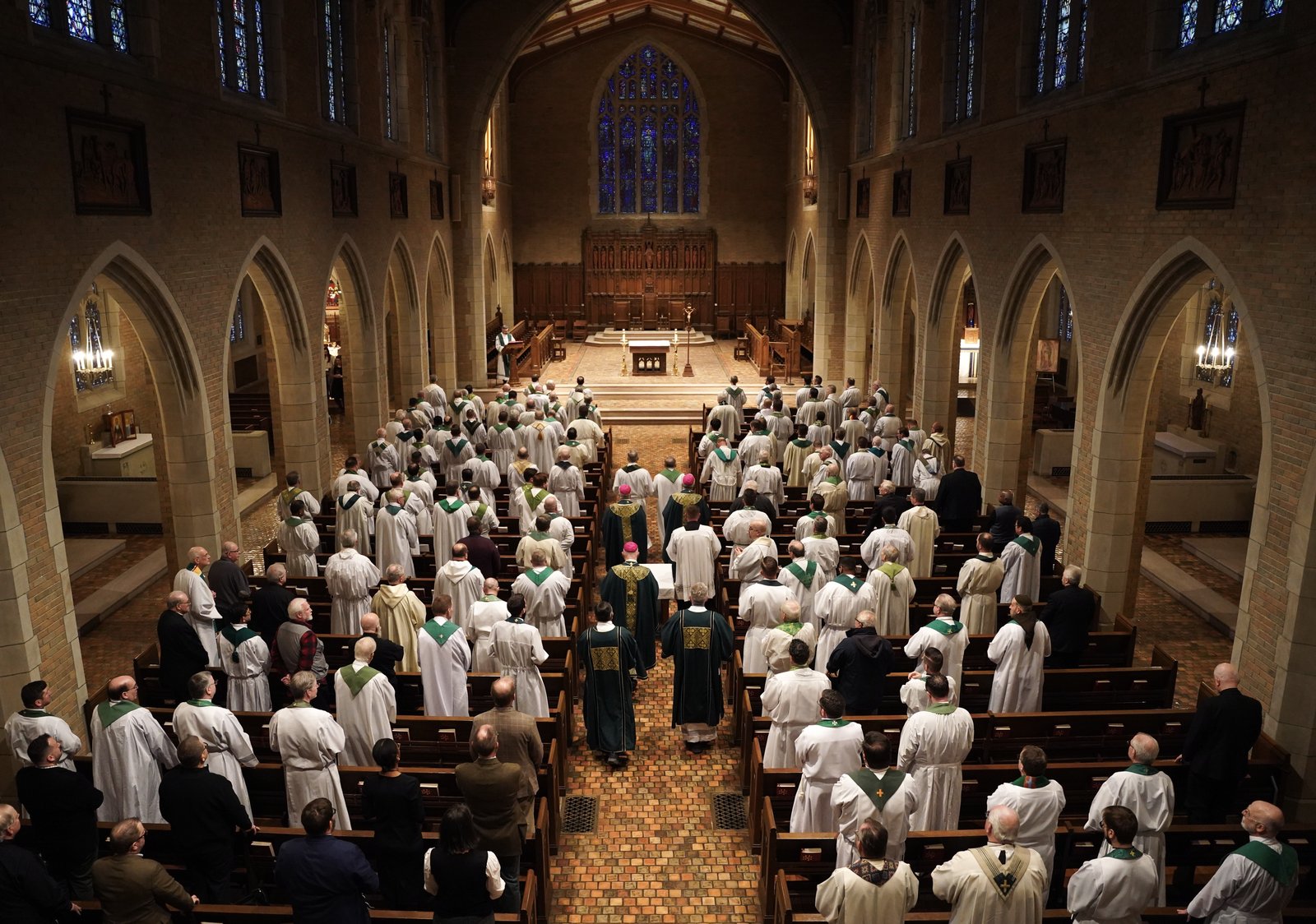 Priests gather for Mass in the seminary's chapel Jan. 14 as they prepare for three days of discussions as part of the archdiocesan restructuring process. (Izzy Cortese | Detroit Catholic)