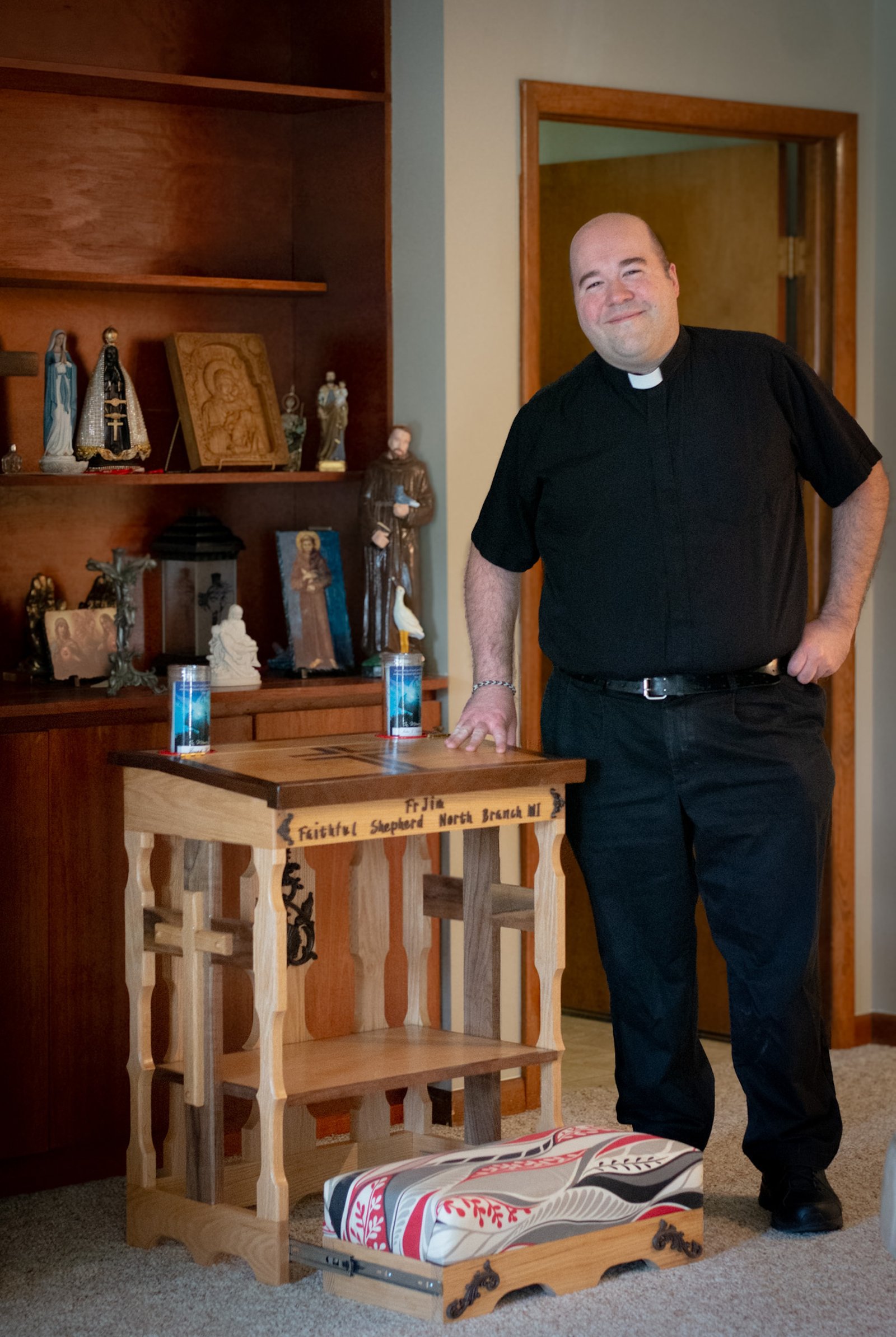 “It’s beautiful, but also very personal,” Fr. Houbeck said of the kneeler Almand crafted. (Courtesy of Kimberly Kelsch)