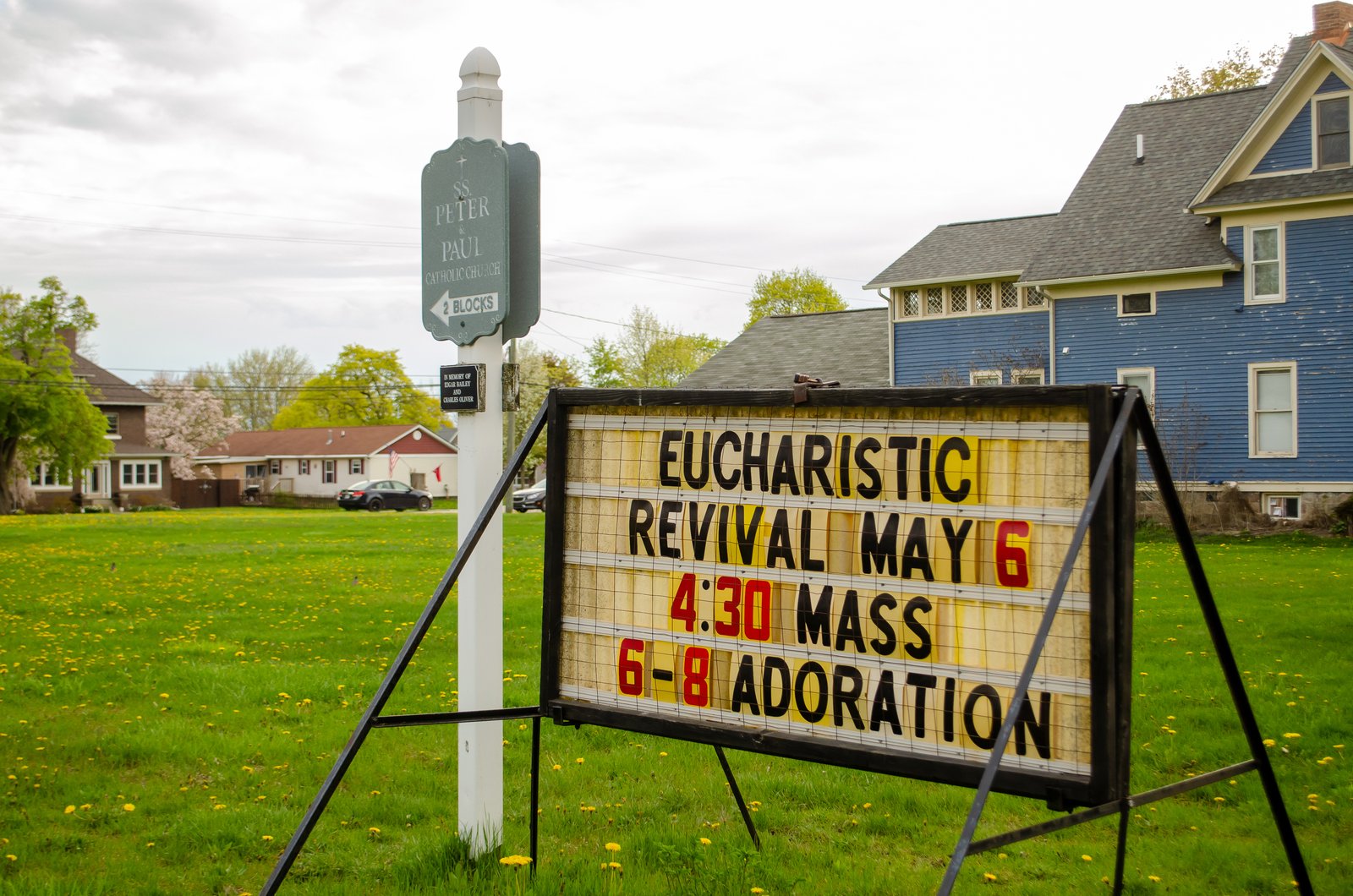 A sign outside SS. Peter and Paul Parish in North Branch announces the Eucharistic Revival taking place May 6. The revival, part of the U.S. Conference of Catholic Bishops' three-year effort, aims to bolster faith in the Real Presence of Jesus in the Eucharist. (Photos by Matthew Rich | Special to Detroit Catholic)