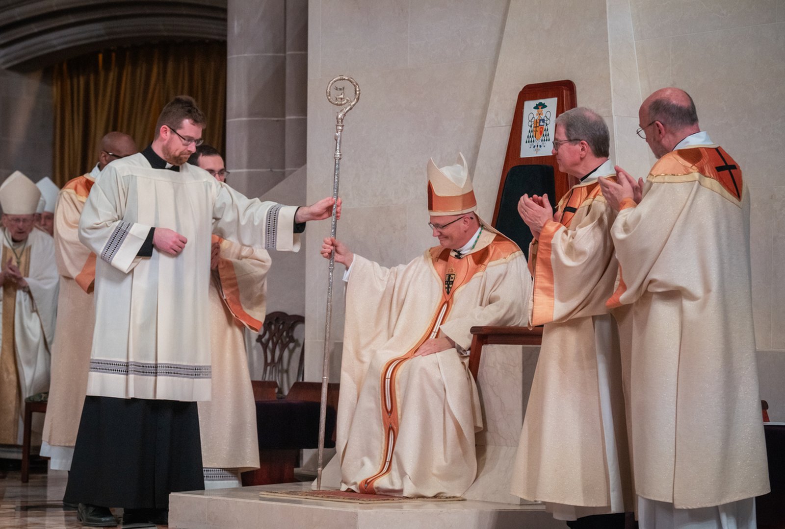 Archbishop Edward J. Weisenburger takes his seat upon the cathedra at the Cathedral of the Most Blessed Sacrament for the first time as archbishop of Detroit on March 18. On June 29, the Solemnity of SS. Peter and Paul, Archbishop Weisenburger will receive his pallium from Pope Leo XIV during a special Mass at St. Peter's Basilica in Rome. (Valaurian Waller | Detroit Catholic)