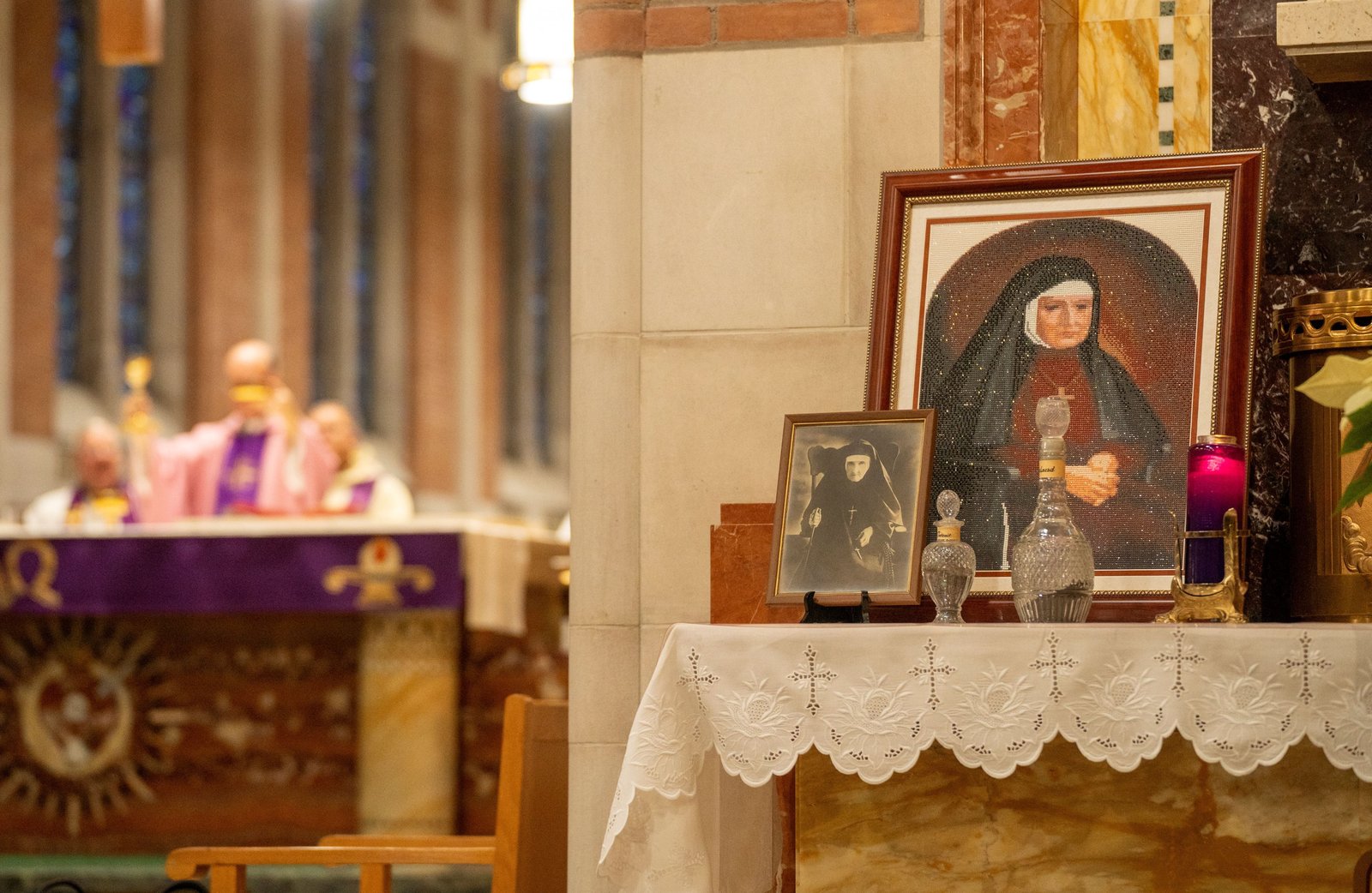 A portrait of Blessed Mary Angela Truszkowska sits on a side altar in the chapel of the Presentation of the Blessed Virgin Mary Convent in Livonia. Blessed Mary Angela founded the Felicians in Warsaw, Poland, in 1855.