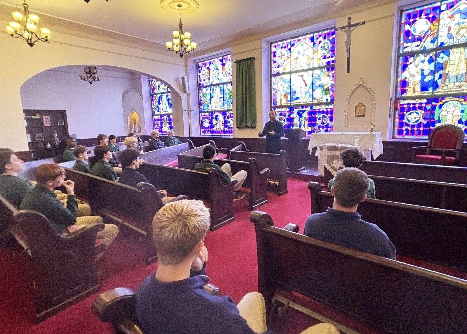 Deacon Drew Langton delivers a vocations talk to students at SMCC earlier this year in the school’s chapel. (Photo courtesy of St. Mary Catholic Central)