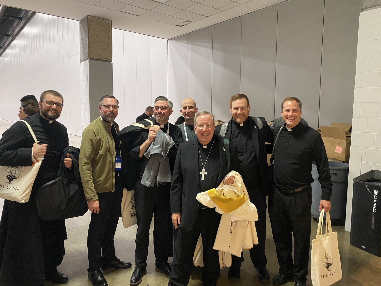 Bumping into a familiar face: Gary, Ind., Bishop Robert J. McClory, third from right, a former Detroit priest and one of the sponsoring bishops of Sacred Heart Major Seminary.