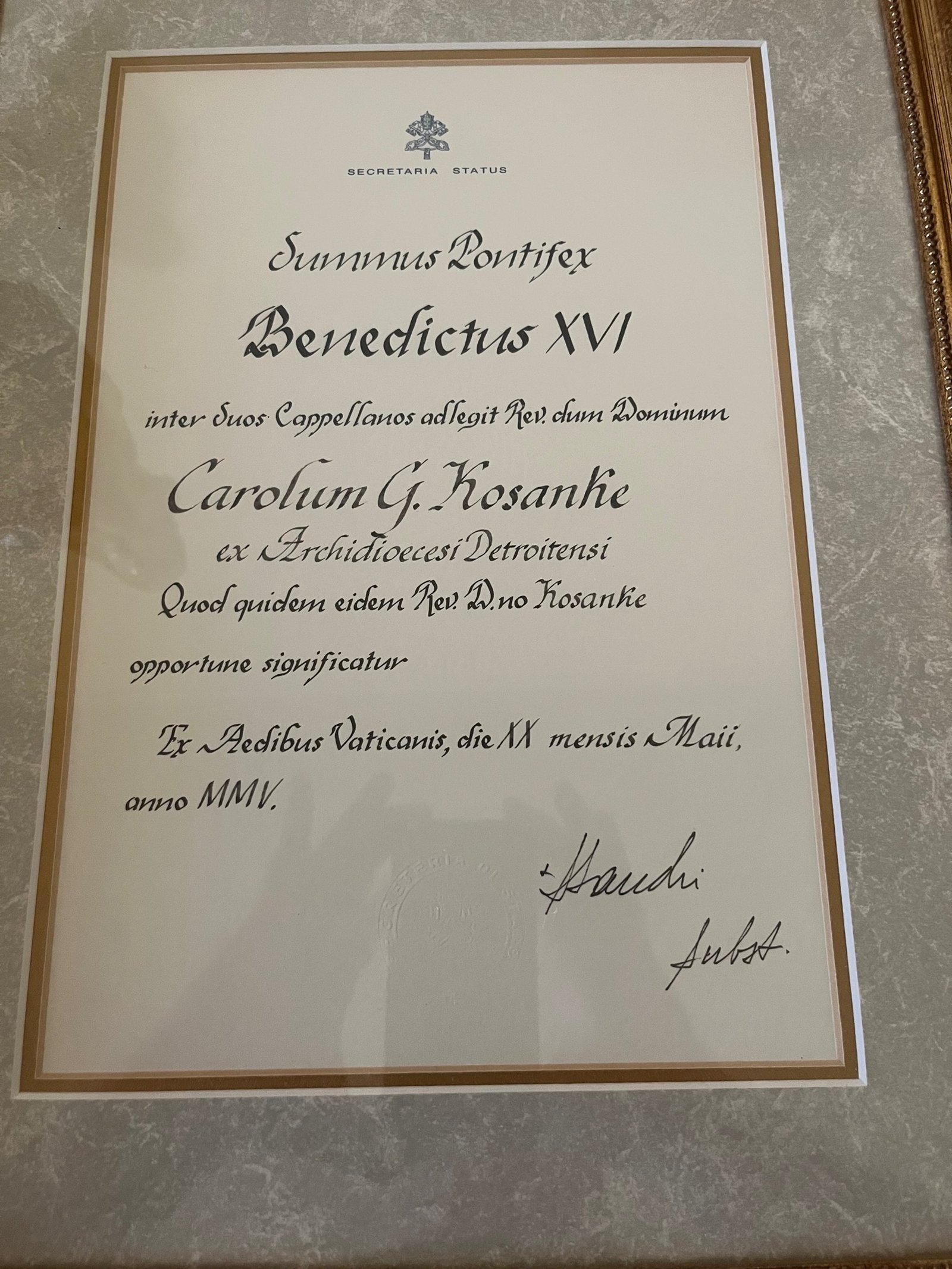 In 2005, Msgr. Kosanke was among the first group of priests to be given the title of monsignor by Pope Benedict. Msgr. Kosanke met him again when he was pope during a private audience with the alumni of the Pontifical North American College. (Courtesy of Msgr. Charles Kosanke)