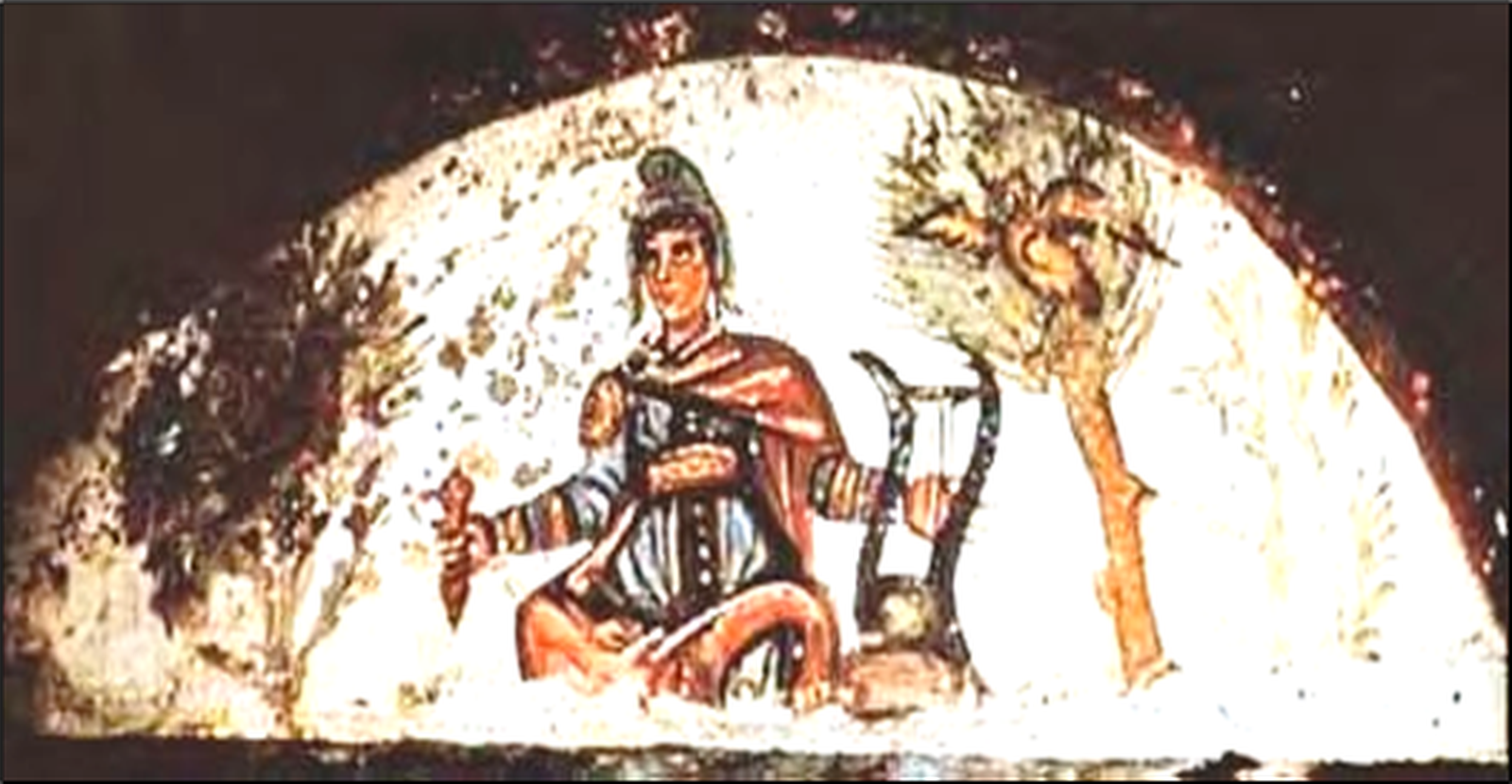 This portrait is of Jesus disguised as Orpheus playing the cithara, a kind of lyre. By His “song” of intercession, Jesus leads the souls of believers to heaven. This example was found on the wall of an arcosolium, the semicircular recess cut into the wall above a burial shelf in the catacomb of Saints Marcellinus and Peter, Rome.