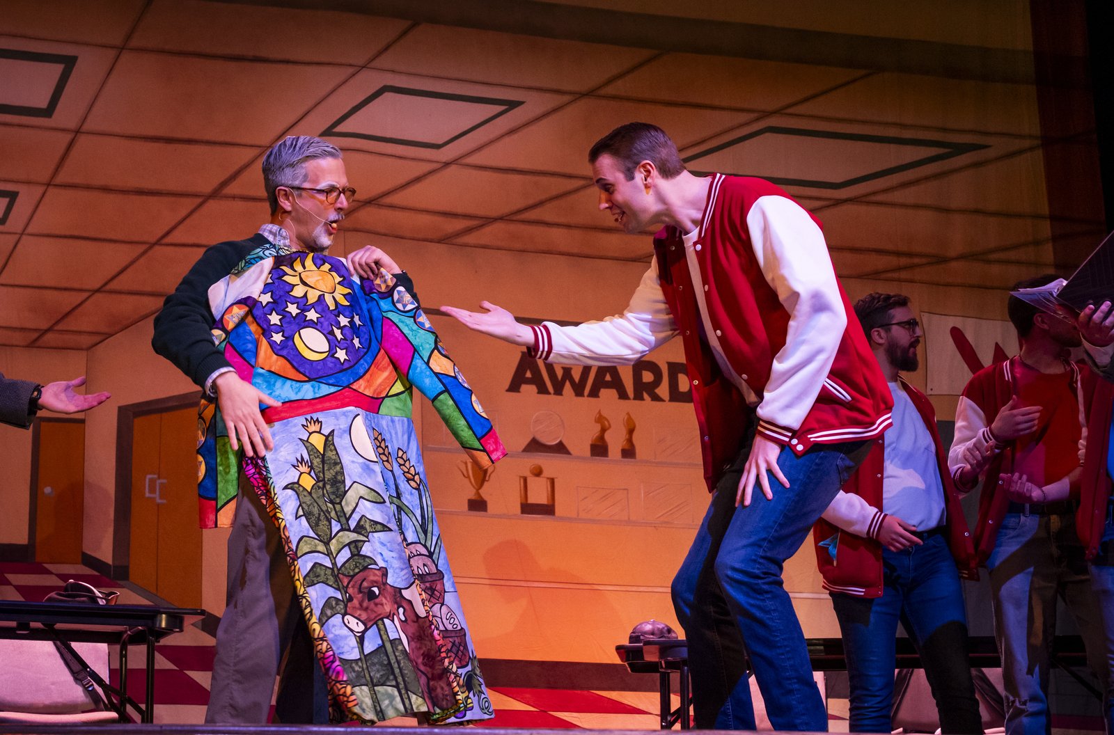 Conor Peleman, a seminarian for the Archdiocese of Detroit, played the aged character Jacob, while Joseph’s 11 brothers donned “Grease”-inspired varsity lettermen jackets and Converse shoes.