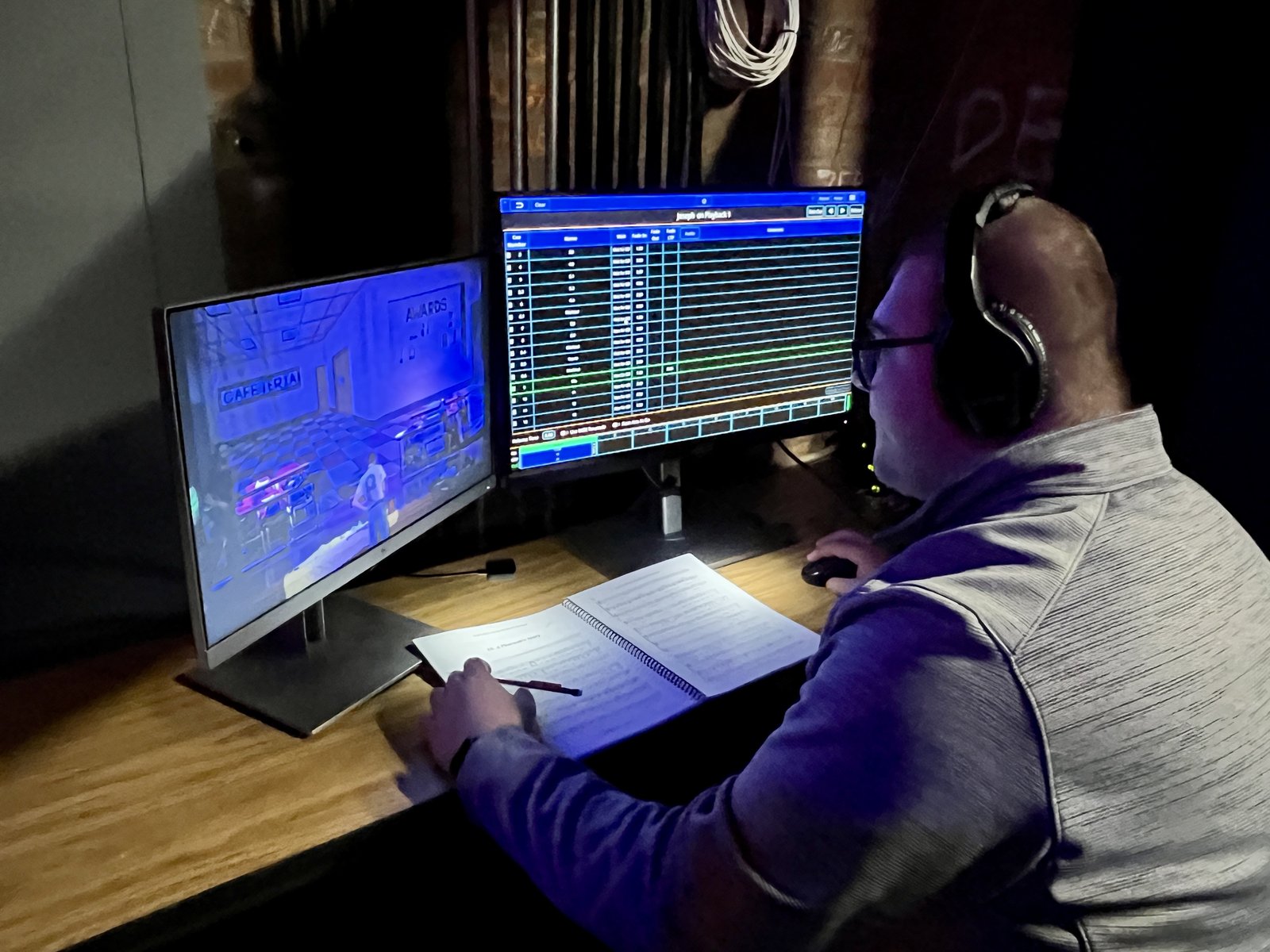 Seminarian Jonathan Ligenz of the Archdiocese of Detroit was in charge of lighting for “Joseph,” working with new lighting software in the seminary’s renovated auditorium. (Photo by Karla Dorweiler | Special to Detroit Catholic)