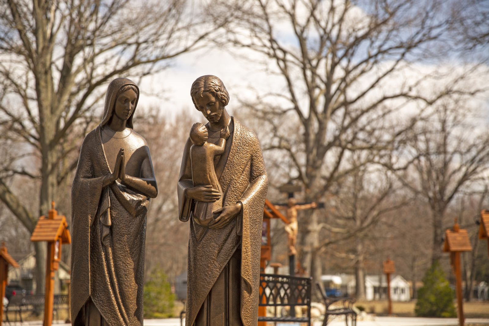 Statues of Jesus, Mary and Joseph overlook an outdoor prayer space at the Shrine of Jesus the Divine Mercy in Clinton Township. The shrine is one of 12 local pilgrimage sites designed by Archbishop Vigneron for the Jubilee Year of Hope in 2025. (James Silvestri | Special to Detroit Catholic)