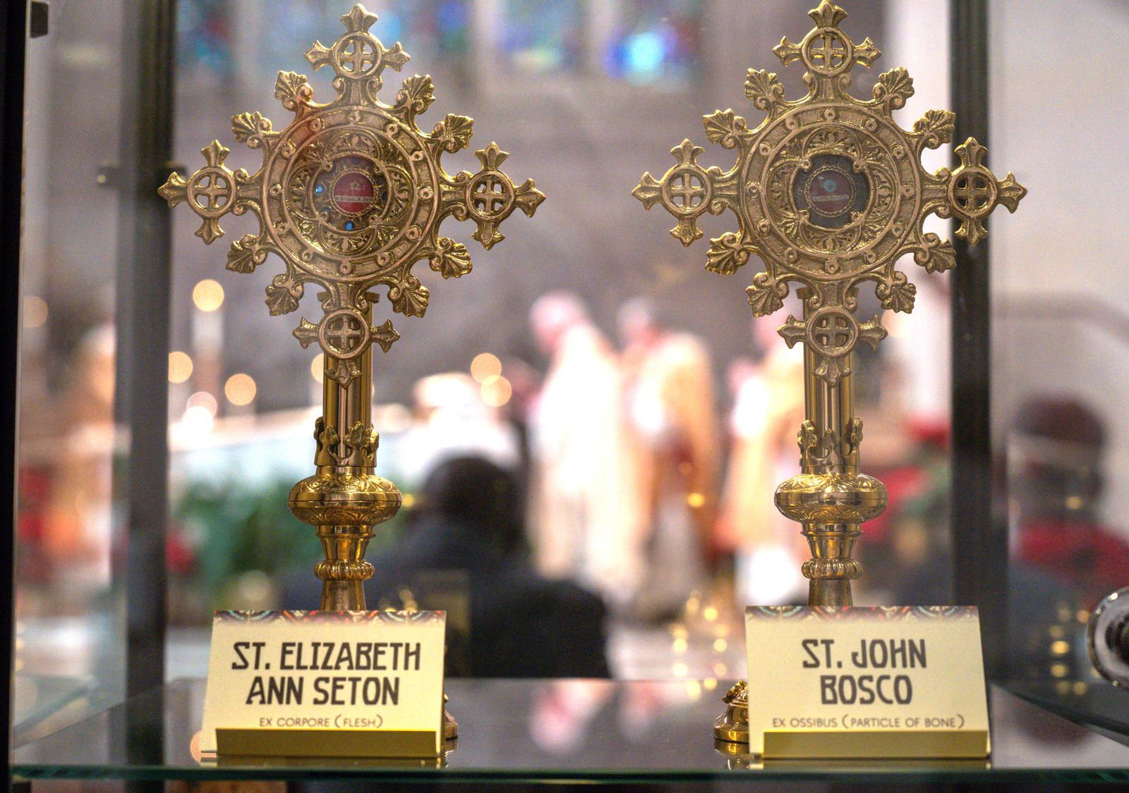Reliquaries holding first-class relics of St. John Bosco and St. Elizabeth Ann Seton, two patrons of young people, are displayed in the Eucharistic chapel of the cathedral to start the jubilee year.