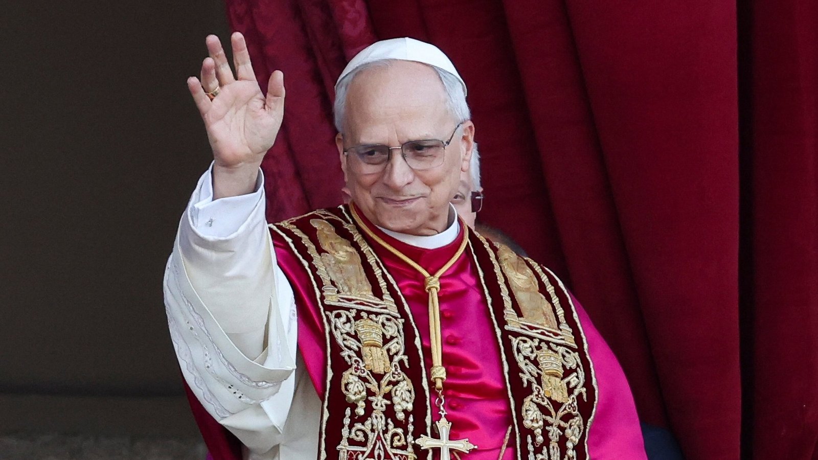 Pope Leo XIV, the former Cardinal Robert F. Prevost, waves from the central balcony of St. Peter's Basilica at the Vatican after his election as pope May 8, 2025. The new pope was born in Chicago. (CNS photo/Lola Gomez)