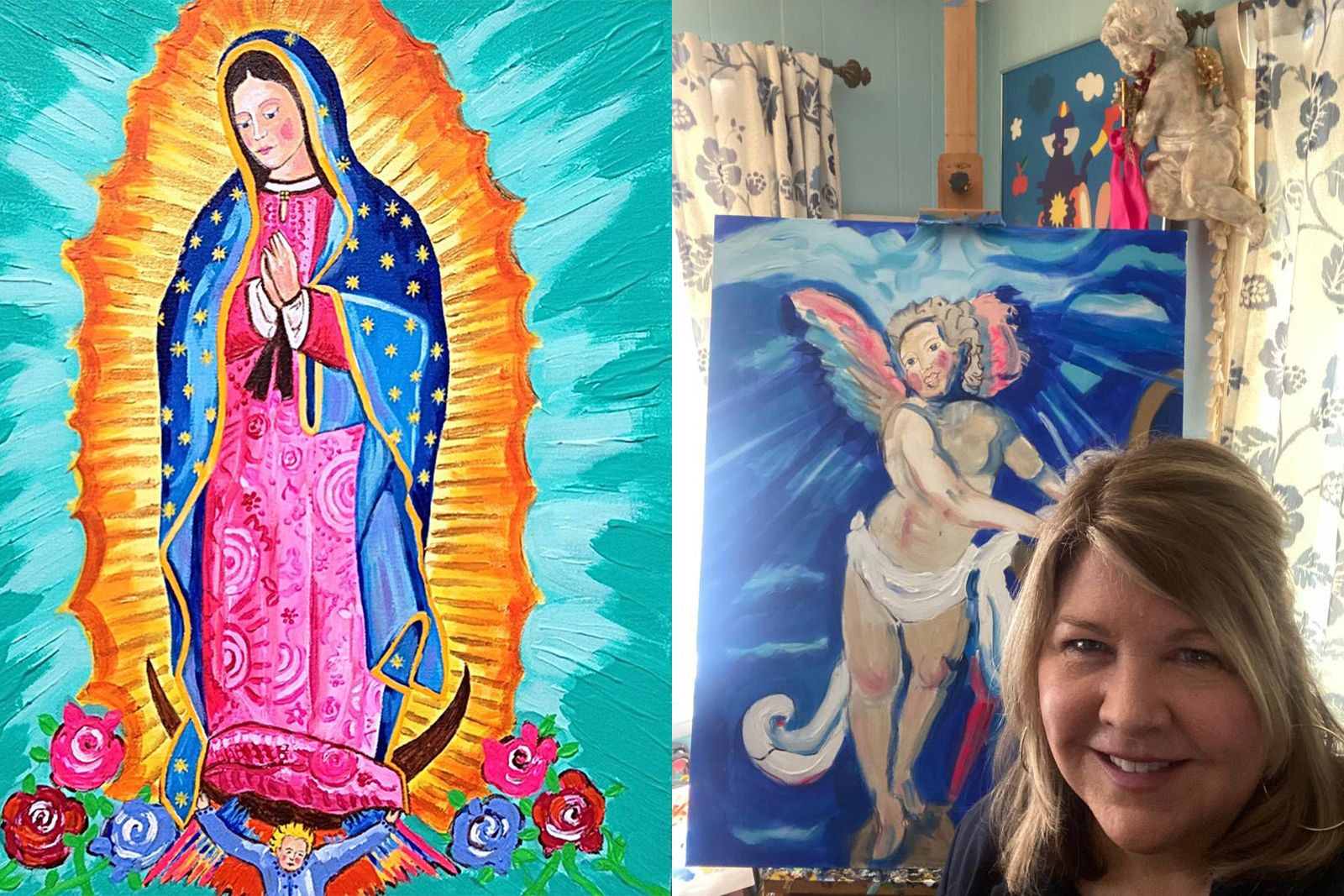 A painting of Our Lady of Guadalupe, left, which McInerney commissioned, currently resides at Cristo Rey High School in Detroit. McInerney loves incorporating spiritual and faith-oriented themes into her artwork, a craft she picked up from her mother.