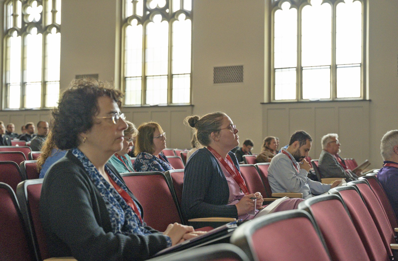 Attendees listen intently to Fr. Anatolios' talk on the first day of the "Nicaea at 1700" conference at Sacred Heart Major Seminary, held to commemorate the 1,700th anniversary of the Council of Nicaea in 325 A.D., which gave the Church the Nicene Creed. (Valaurian Waller | Detroit Catholic)