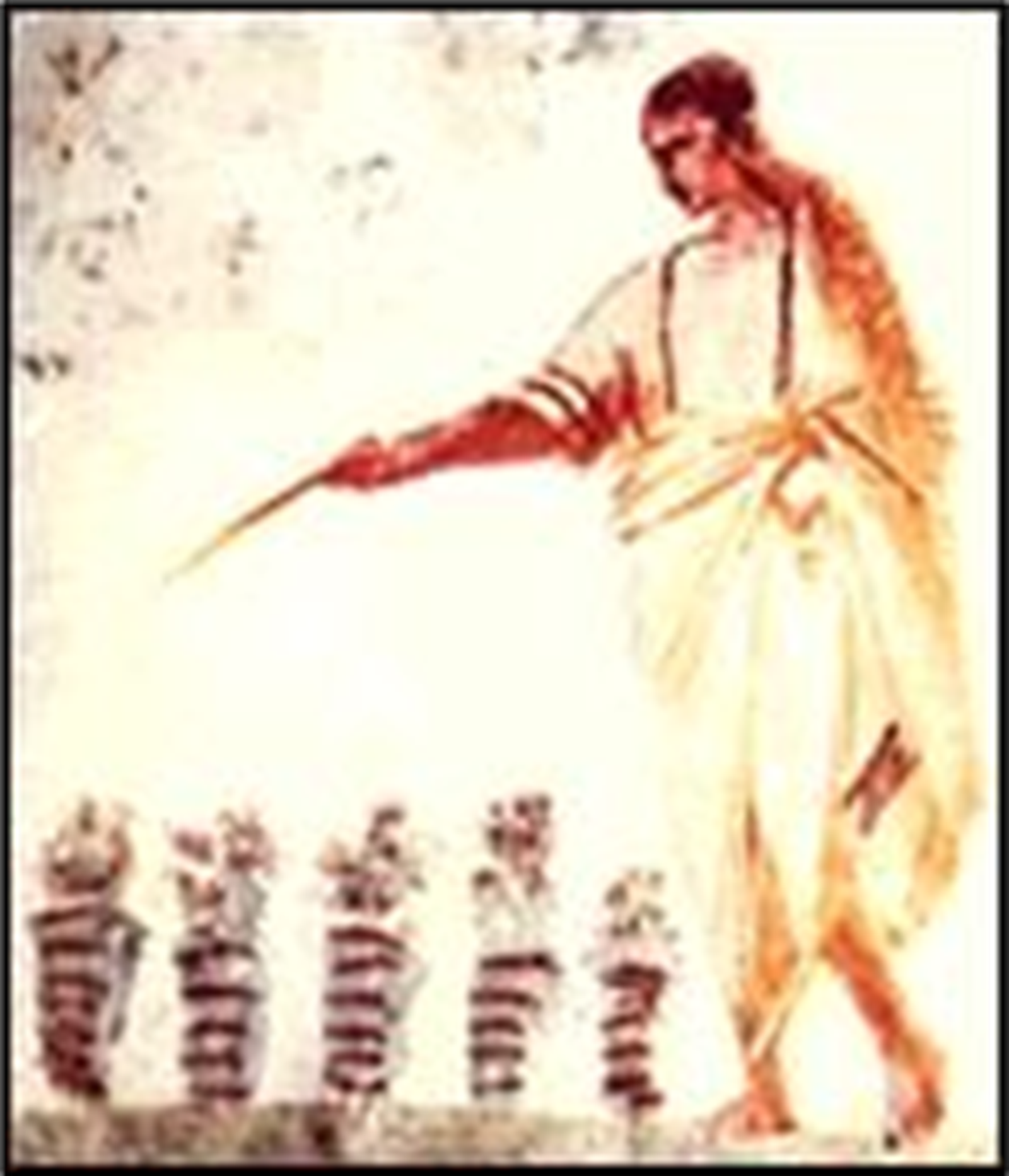 In a catacomb found in Rome on the Via Latina, Christ uses a lituus to turn water into wine at Cana. His authority and heavenly status is indicated by the angusti clavi (narrow stripes) on His tunic, while His augur’s chlamys is also edged with the imperial purple.