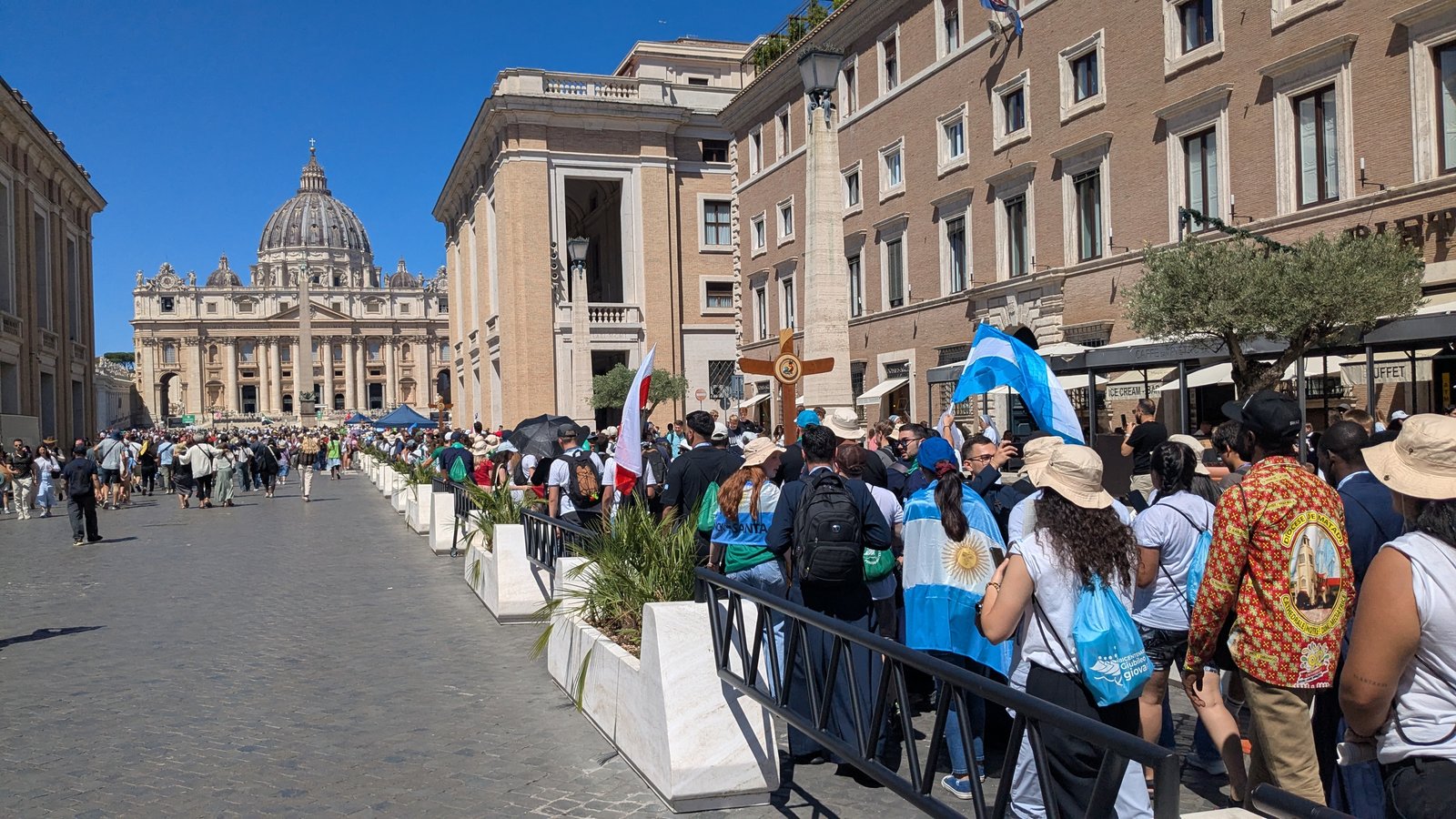 Pilgrims wait to enter St. Peter's Square during the Jubilee Year of Hope. The holy year drew pilgrims from across the world to Rome, the center of the Church, to experience special graces associated with the jubilee.