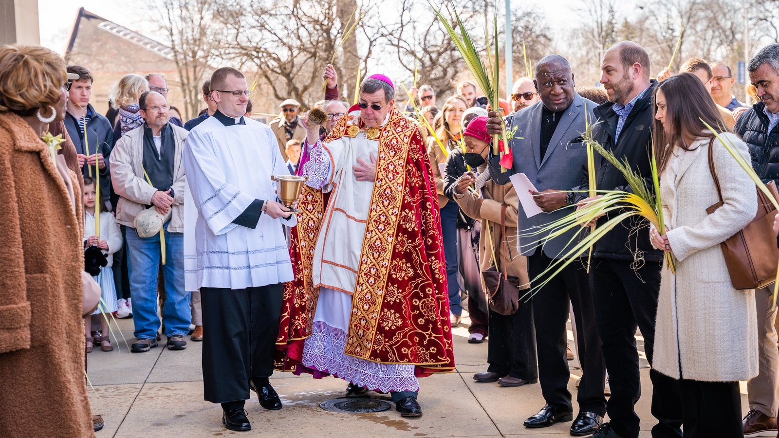 Archbishop Vigneron blesses palm fronds on Palm Sunday during the start of Holy Week on April 2, 2023, at the Cathedral of the Most Blessed Sacrament. (Valaurian Waller | Detroit Catholic)