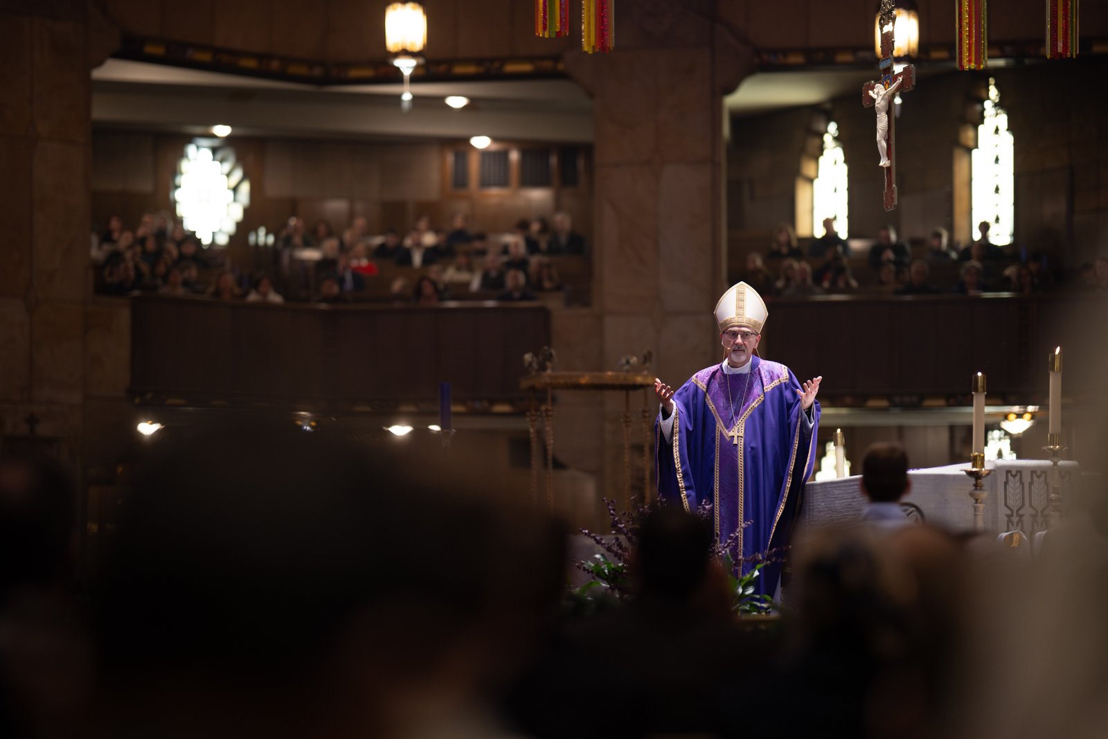 Cardinal Pierbattista Pizzaballa preaches Dec. 7 during a special Mass at the National Shrine of the Little Flower Basilica in Royal Oak on the final day of his four-day pastoral visit to Detroit.