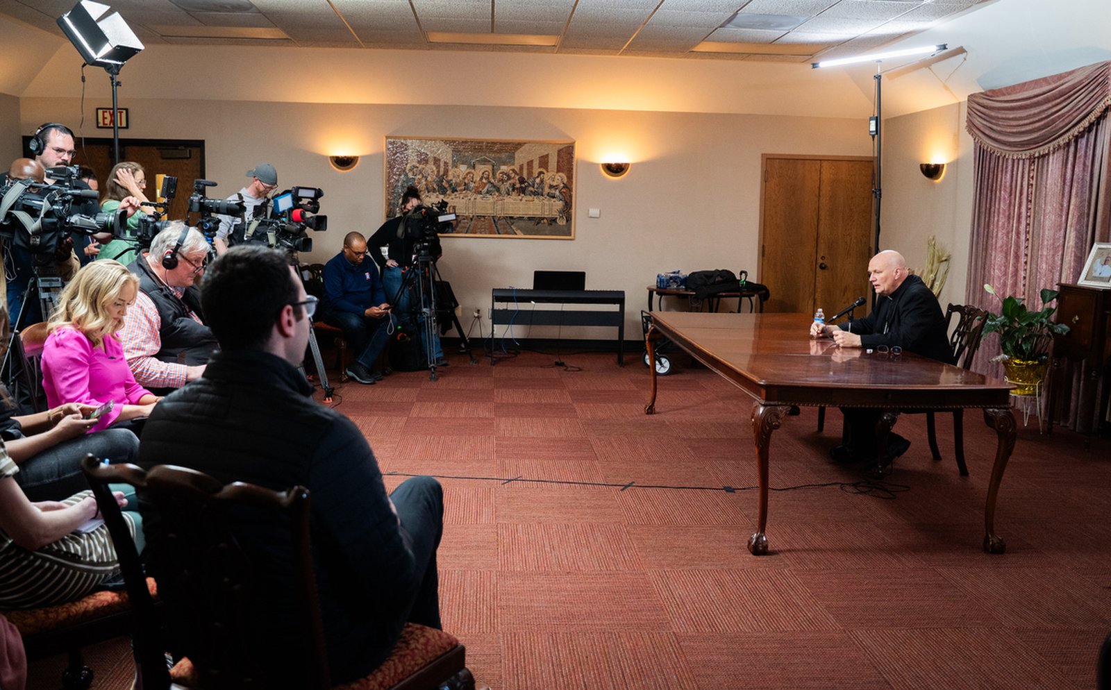 Detroit Archbishop Edward J. Weisenburger speaks to reporters in a conference room at the Cathedral of the Most Blessed Sacrament in Detroit on April 21, shortly after the passing of Pope Francis. (Valaurian Waller | Detroit Catholic)