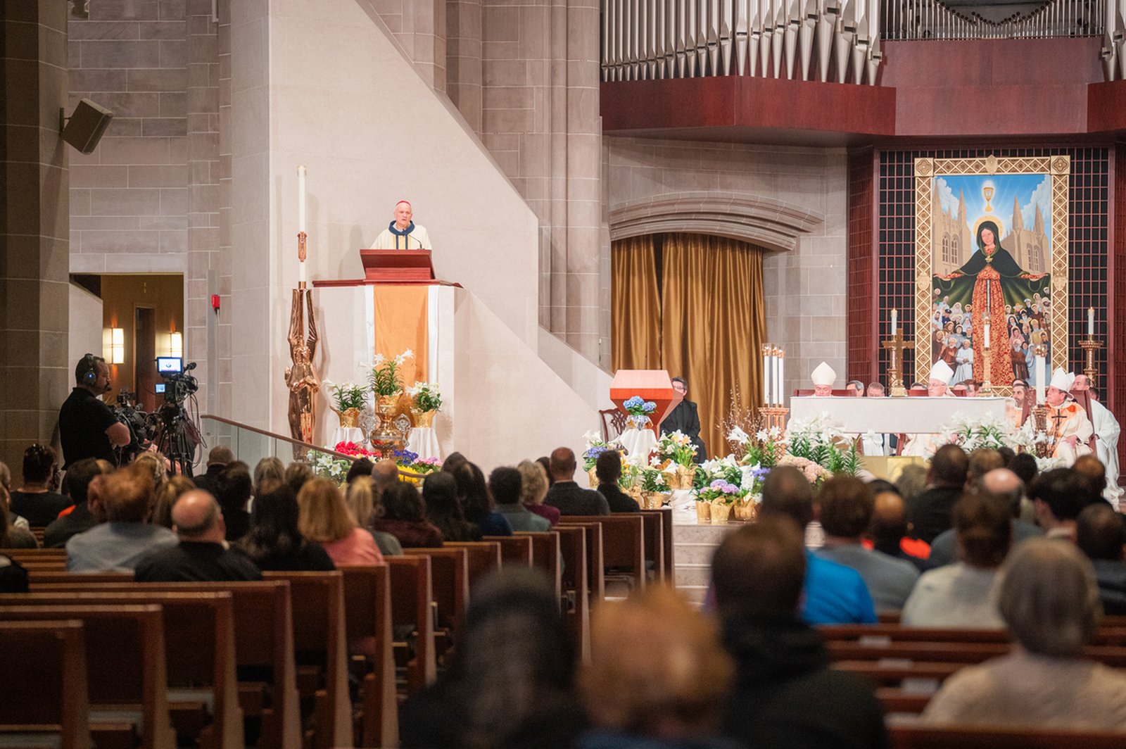 Archbishop Weisenburger gives a homily April 21 during a memorial Mass celebrated for Pope Francis at the Cathedral of the Most Blessed Sacrament. While the archbishop expressed his condolences, he also expressed joy for the Holy Father, whose earthly pilgrimage to the Lord is now complete.