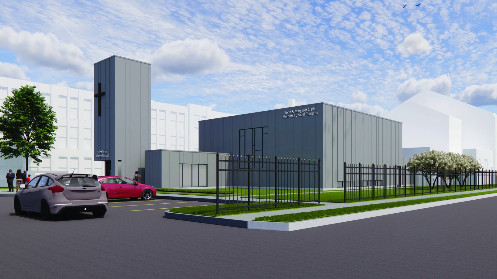 An artist's rendering shows a side profile of the new chapel and welcome complex.