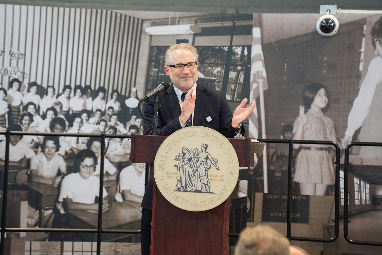 Paul Propson, CEO of Catholic Charities of Southeast Michigan, speaks during a press conference at ribbon-cutting ceremony for the new Residences at St. Matthew, a 46-unit affordable housing facility in the former St. Matthew School building on Detroit's east side.