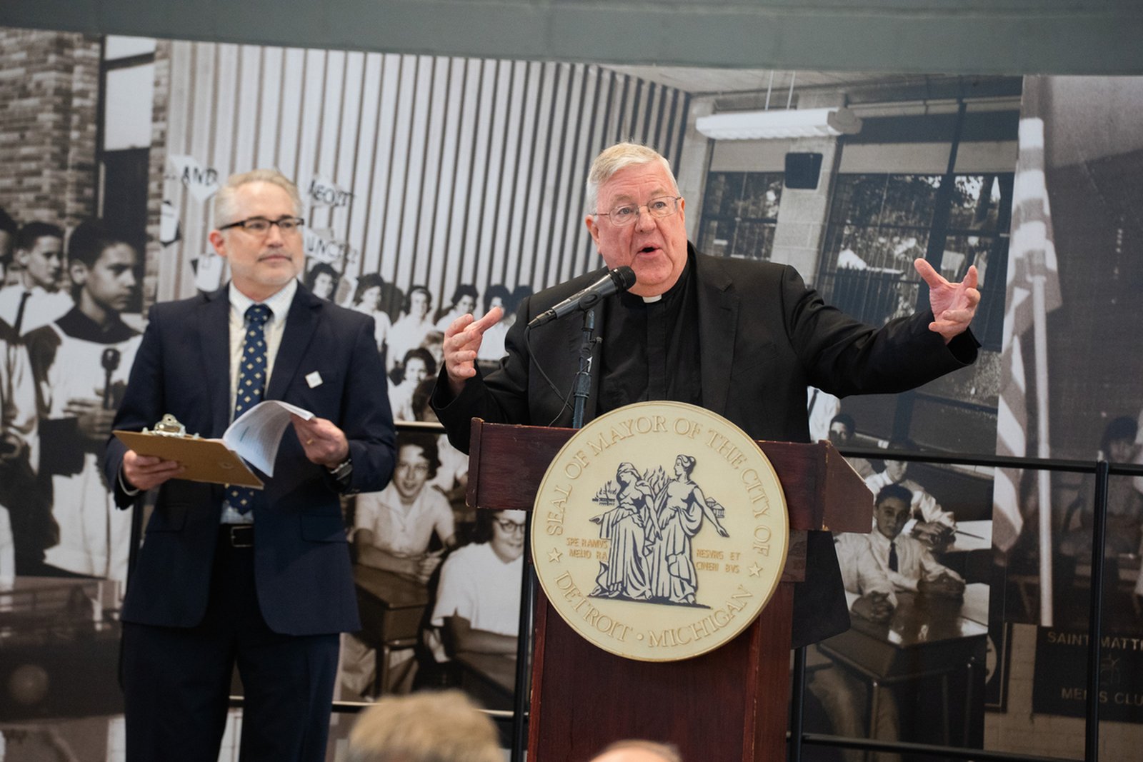 Msgr. Charles Kosanke, chairman of the board of trustees of Catholic Charities of Southeast Michigan, thanks donors for their generosity in supporting the project, which began in 2018.