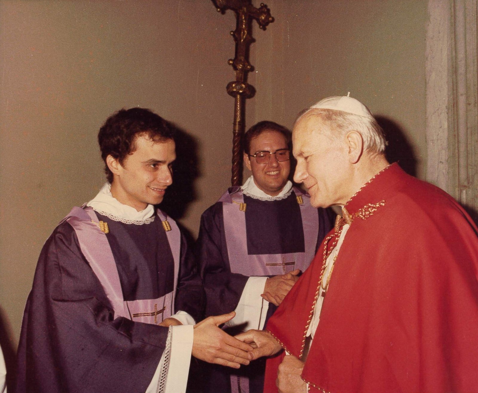 Then-Deacon Robert F. Prevost, at the time studying for priesthood with the Augustinians, greets Pope St. John Paul II in this undated file photo. (Photo courtesy of the Midwest Augustinian Province of Our Mother of Good Counsel)