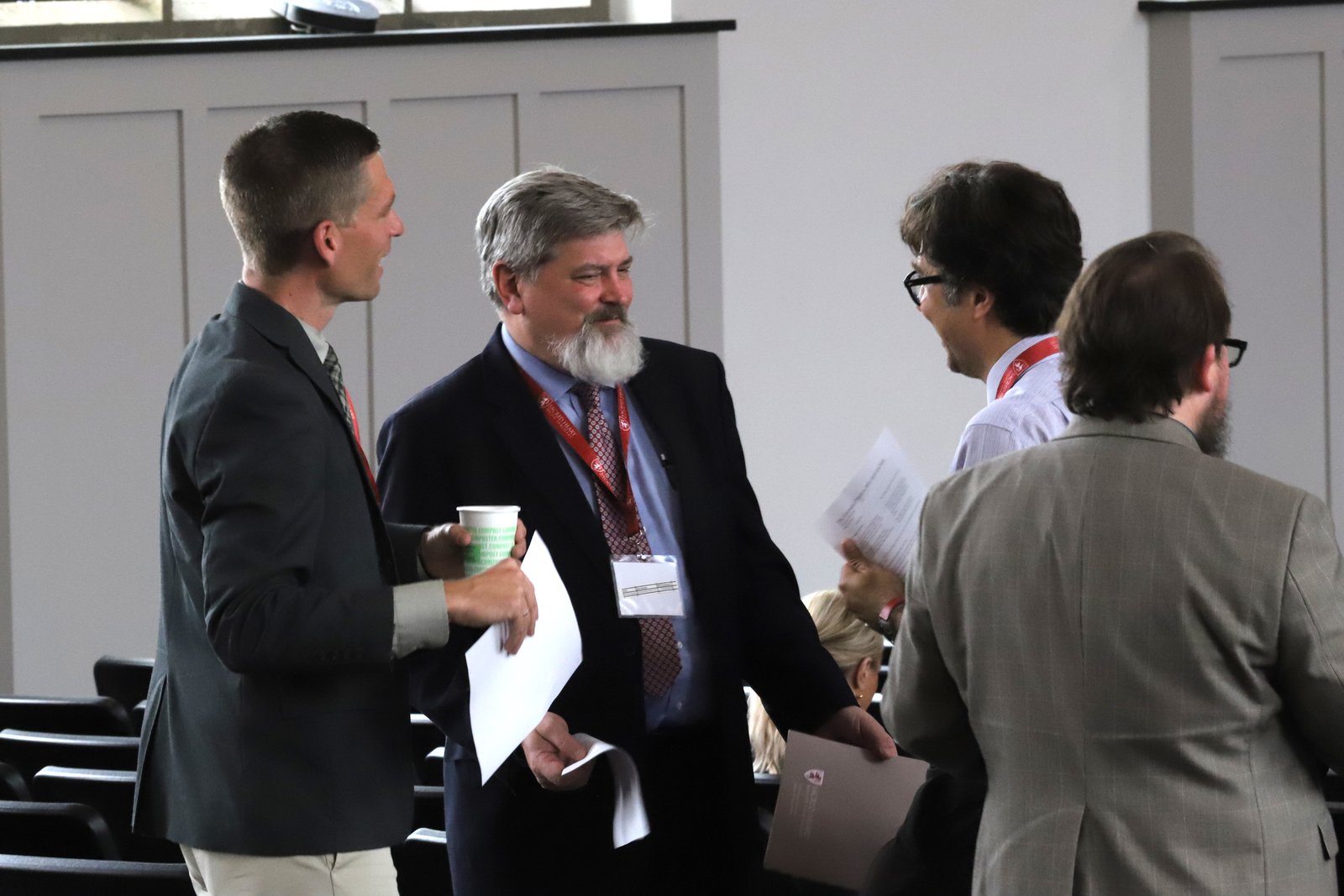 David Schindler, Ph.D., second from left, one of the keynote presenters during Sacred Heart's academic conference, speakers with attendees in the seminary's auditorium. Schindler, professor of metaphysics and anthropology at the Pontifical John Paul II Institute for Studies on Marriage and Family, spoke on the topic, "Recalling the Heart of the Human Person."