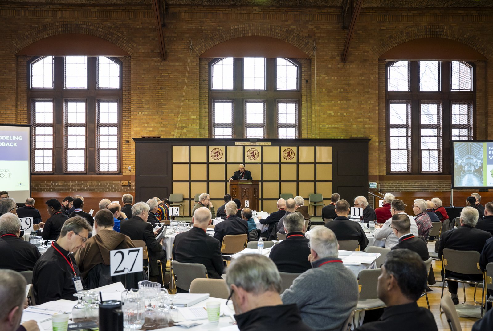 Detroit Archbishop Edward J. Weisenburger addresses more than 200 priests at the start of a daylong workshop March 3 at Sacred Heart Major Seminary to review draft pastorate models. The archbishop encouraged the priests to approach the process with hope and collaboration, adding he's looking forward to parishioner feedback this spring.
