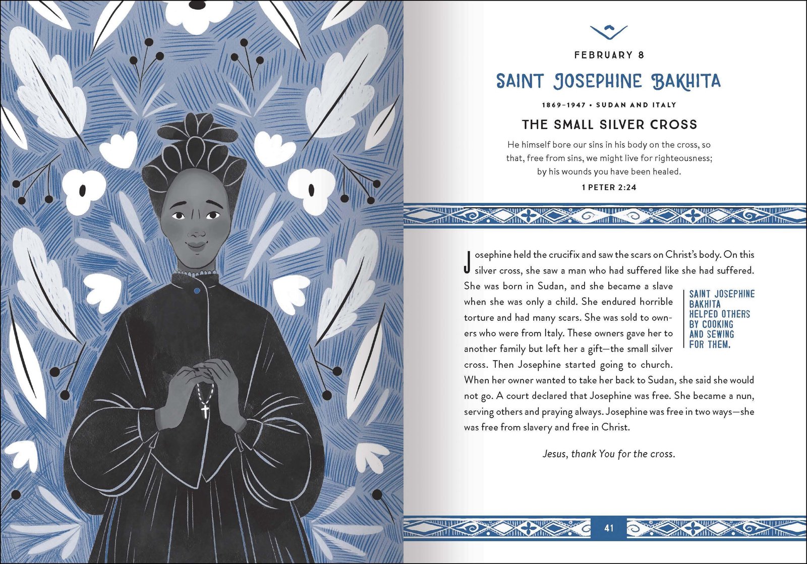 A page of the devotional featuring St. Josephine Bakita includes information, a Scripture passage and short reflection on the saint's life and impact.