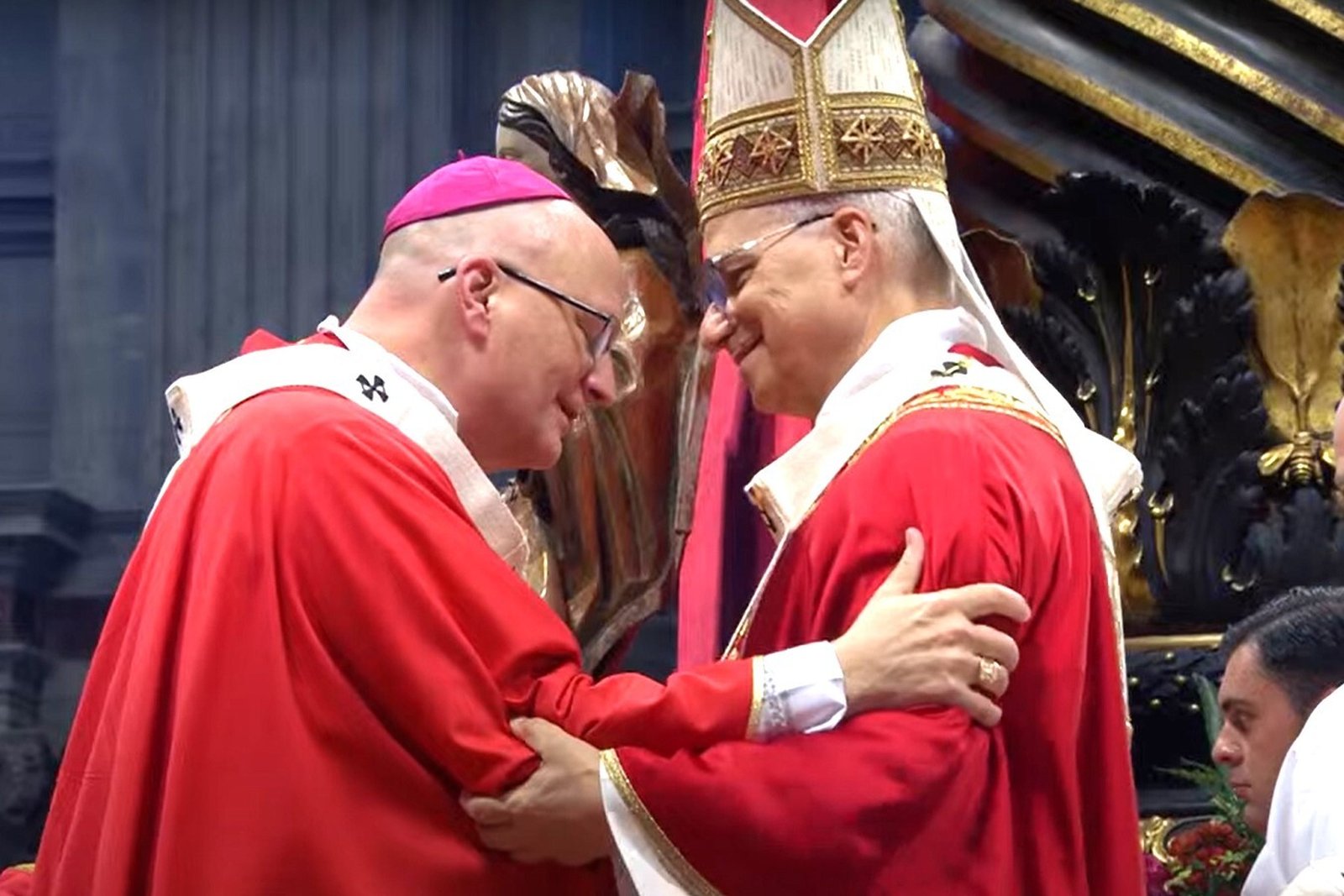 Pope Leo XIV embraces Detroit Archbishop Edward J. Weisenburger after imposing the pallium upon him. Archbishop Weisenburger thanked the pope and reminded him of his diaconal ordination at St. Clare of Montefalco Parish in Grosse Pointe Park. "Yes! Yes, St. Clare's Parish. Yes, I have fond memories," the pope said. (Screenshot via Vatican Media)