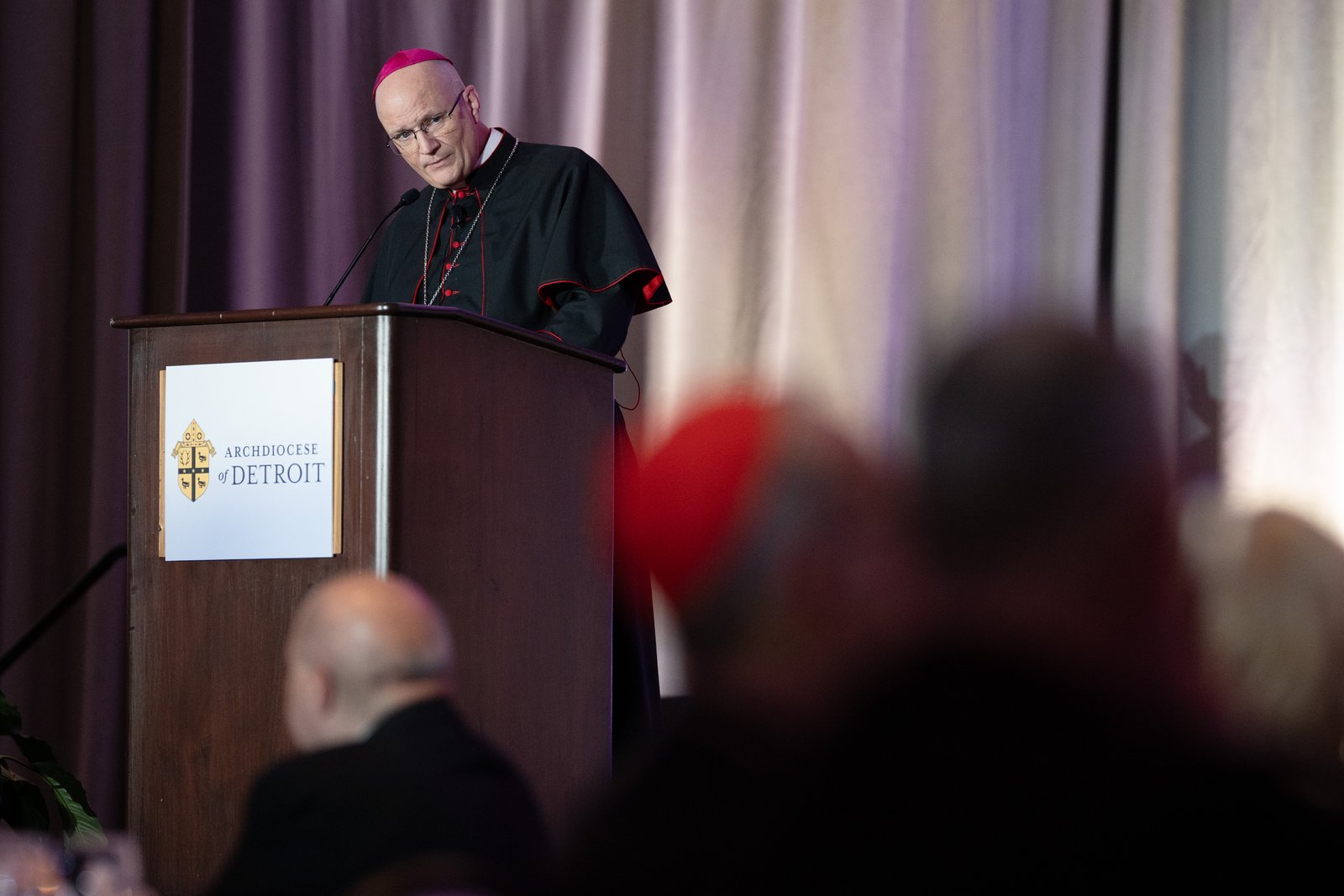 Detroit Archbishop Edward J. Weisenburger introduces Cardinal Pizzaballa during a fundraising dinner Dec. 5 hosted by the Archdiocese of Detroit at St. John's Resort in Plymouth. Archbishop Weisenburger has spoken often of the need for the Church in the United States to support relief efforts for Christians and beleaguered communities in the Holy Land.