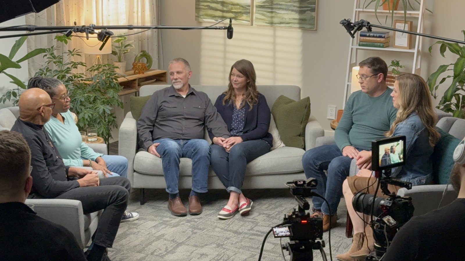 Couples participating in The Marriage Group's online formation courses take part in a roundtable discussion at The Marriage Group's Port Huron studio, where courses are filmed and distributed to parishes across the United States.