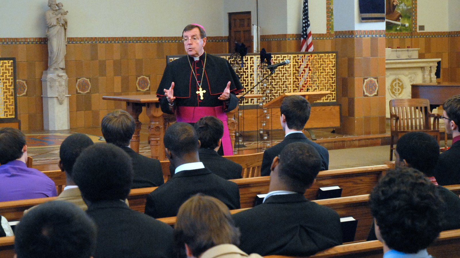 Archbishop Vigneron fields tough questions from the senior class at University of Detroit Jesuit High School in Detroit on Dec. 18, 2012. (Robert Delaney | Detroit Catholic file photo)