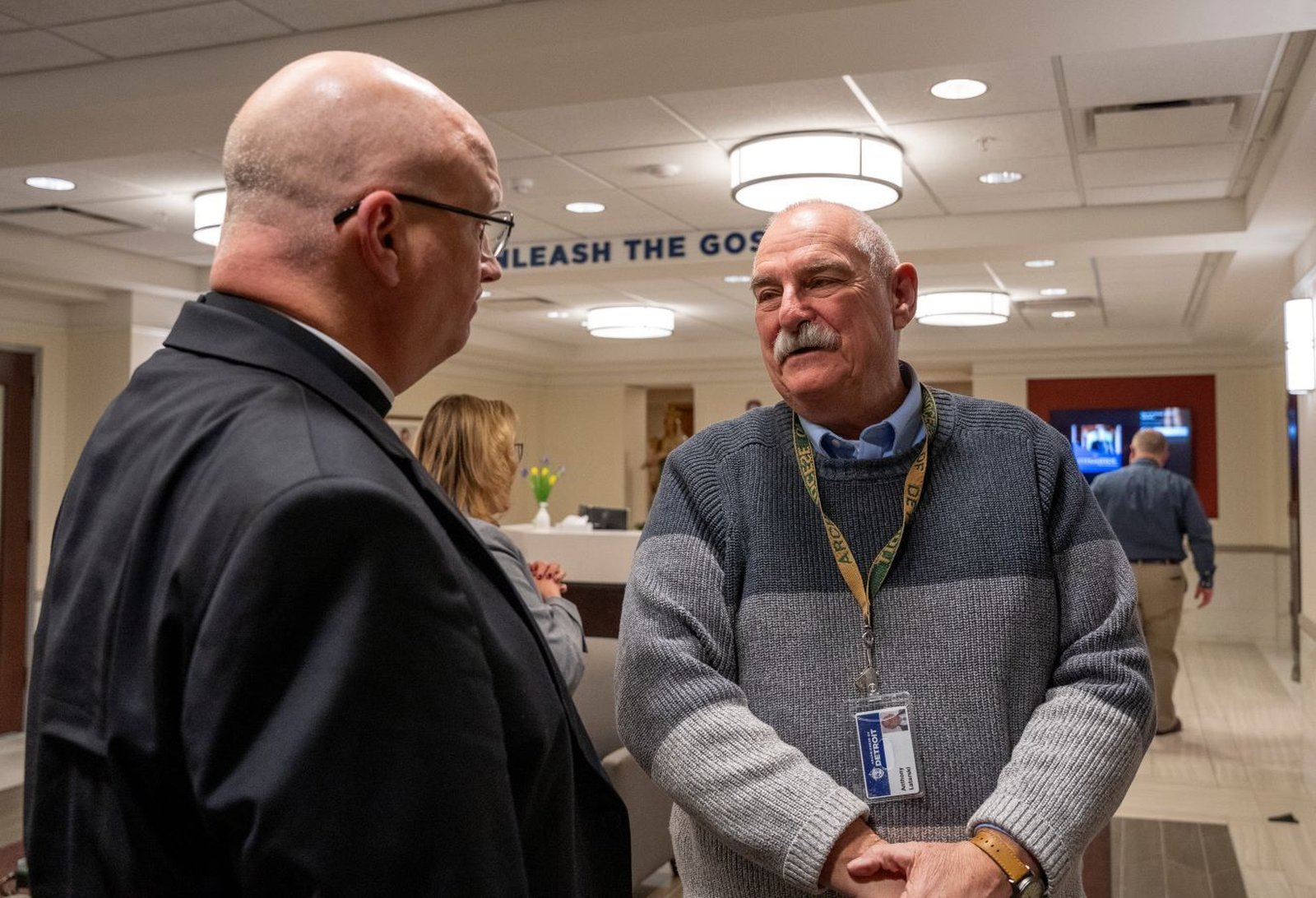 Archbishop-elect Weisenburger speaks to members of the archdiocesan curia staff after he was appointed the sixth archbishop of Detroit.