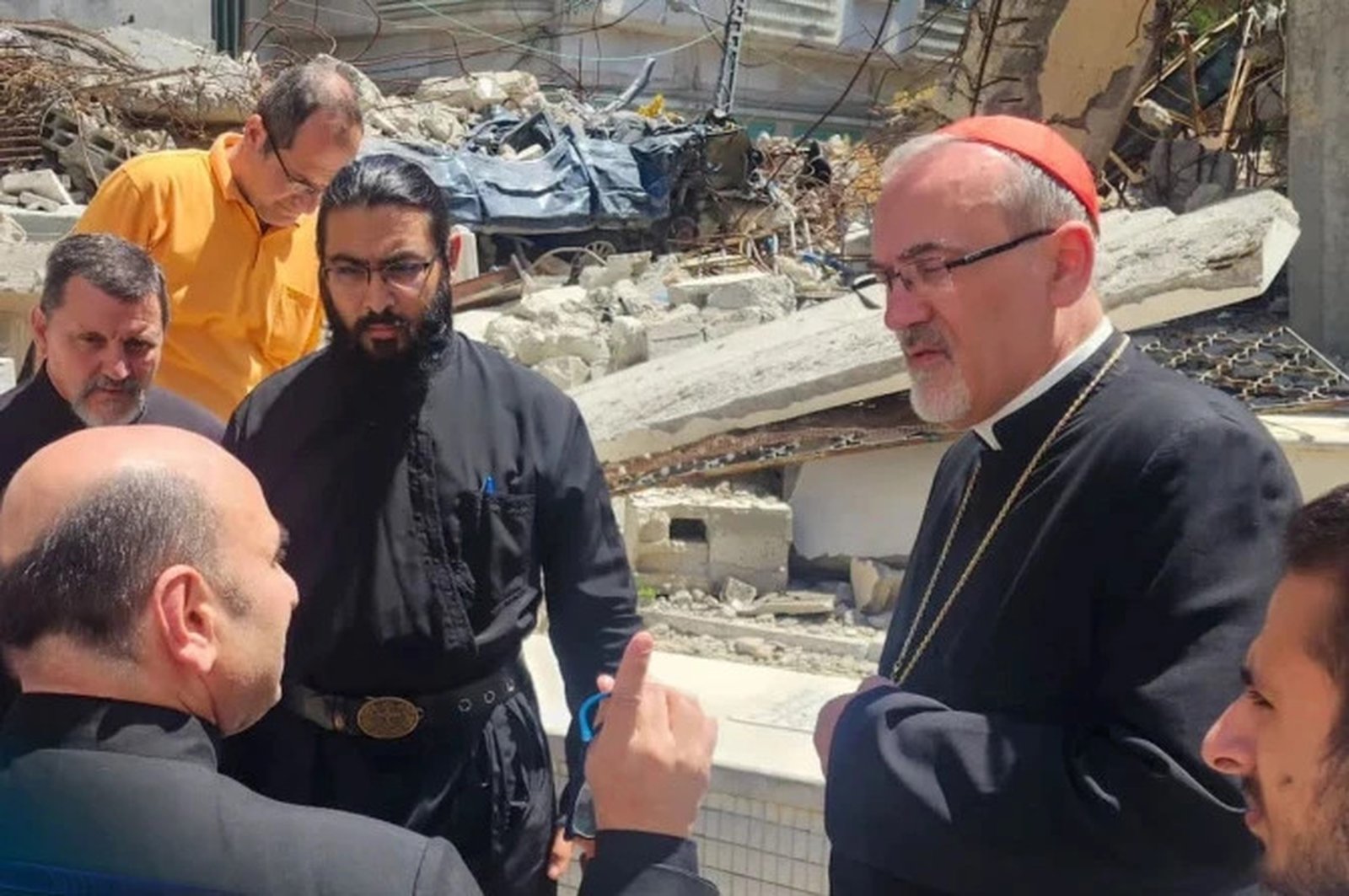 The Latin Patriarch of Jerusalem, Cardinal Pierbattista Pizzaballa is seen here speaking with Father Gabriel Romanelli, pastor of Holy Family Church, during his December 2024 visit to Gaza. (Credit: Latin Patriarchate of Jerusalem)