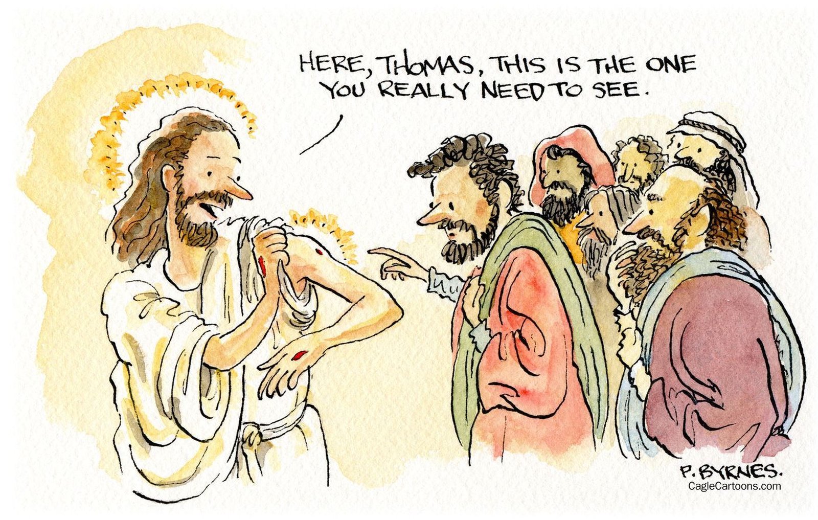 One of Byrnes’ recent cartoons, “Vaccine Hesitant Thomas,” is pictured. While Byrnes’ cartoons often invoke religious — and sometimes political — themes, his aim is to provoke thought and conversation using metaphors and humor.