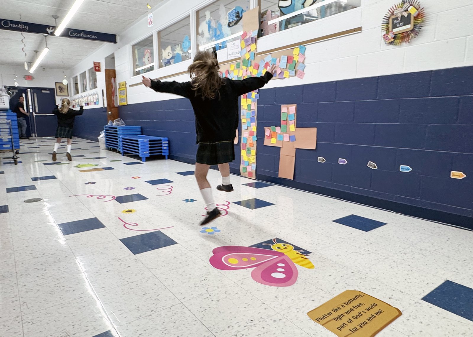 As students engage with the paths, they are preparing for the classroom by engaging both sides of their brains while simultaneously regulating and calming their bodies so they can be refreshed and re-energized to learn, Klausing said. (Courtesy of St. Thecla Catholic School)
