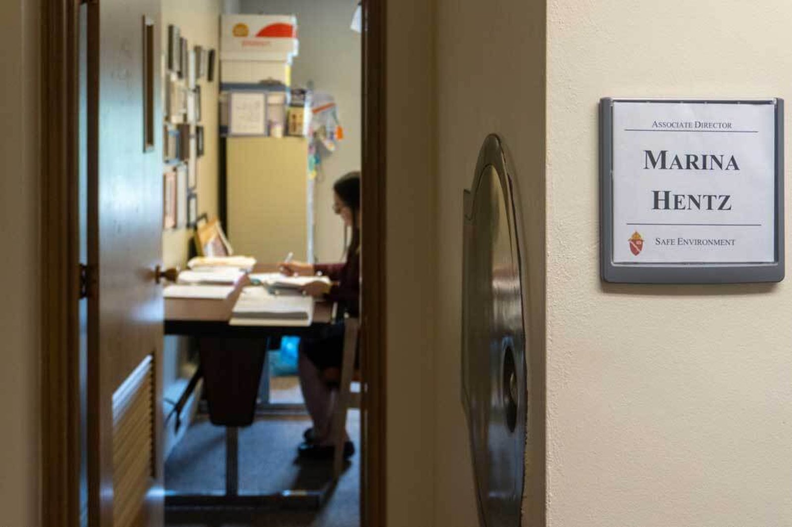 A view from outside the office of Marina Hentz, associate director of the Office of Safe Environment at the Diocese of Kalamazoo.