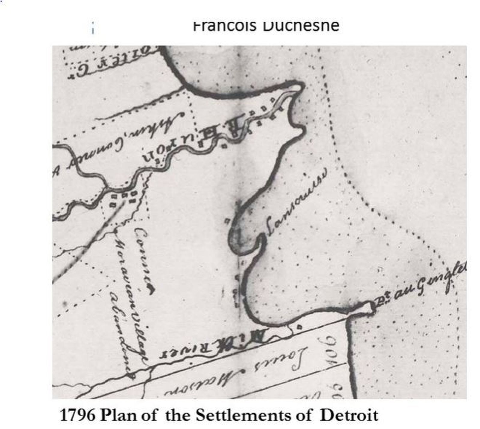 La "lengua" de tierra que sobresale de la costa del lago St. Clair, donde los historiadores creen que se encontraba la Misión de St. Felicity. La construcción de la iglesia en la "lengua" facilitó el acceso de los barcos. Sin embargo, en la década de 1850, la lengua ya no aparecía en la mayoría de los mapas. (Cortesía del condado de Macomb)