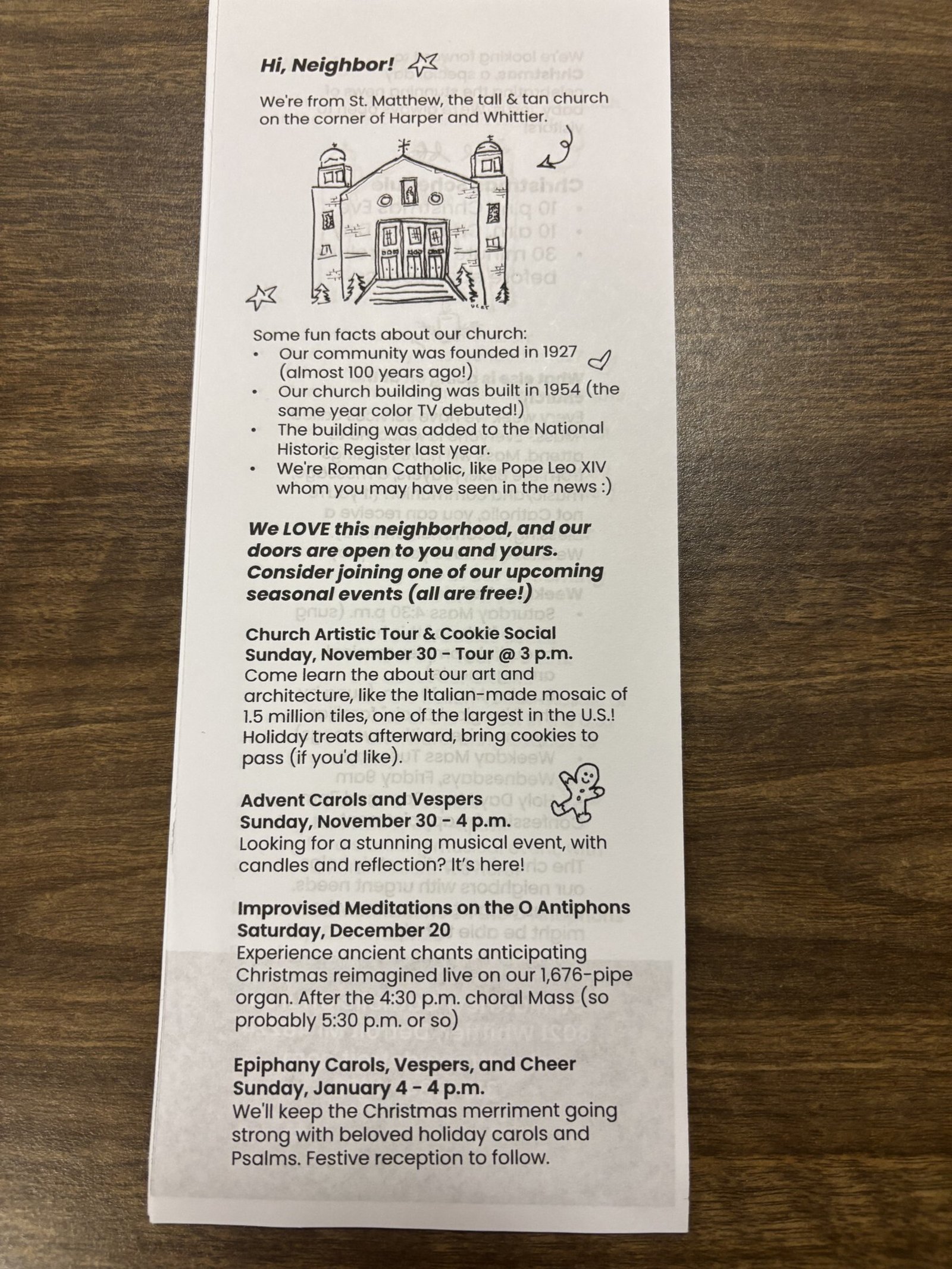 The door-to-door evangelists inserted information cards about St. Matthew Parish, including information about upcoming church tours, charitable works at the parish and its Advent carols and vespers.
