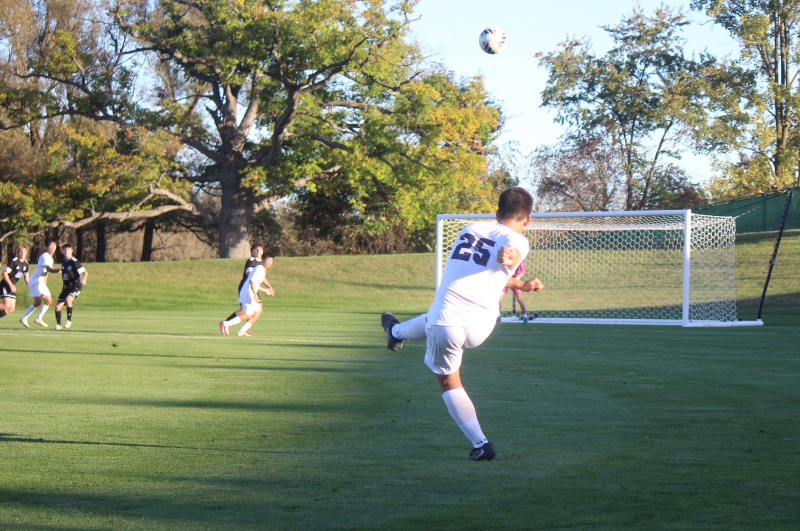 Cranbrook’s Jayson Xu fires a free kick toward the Catholic Central net late in the contest. Shamrock goalkeeper Jake Sievert turned away all the Cranes’ shots to earn the shutout.