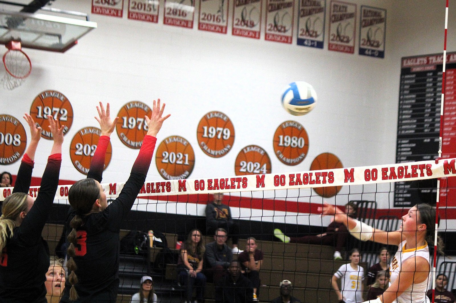 Freshman Laura Aubrey, on the attack, is one of several Mercy freshmen that have earned prime playing time in the Marlin lineup this fall. Aubrey had 17 kills against Orchard Lake St. Mary’s on Sept. 16.