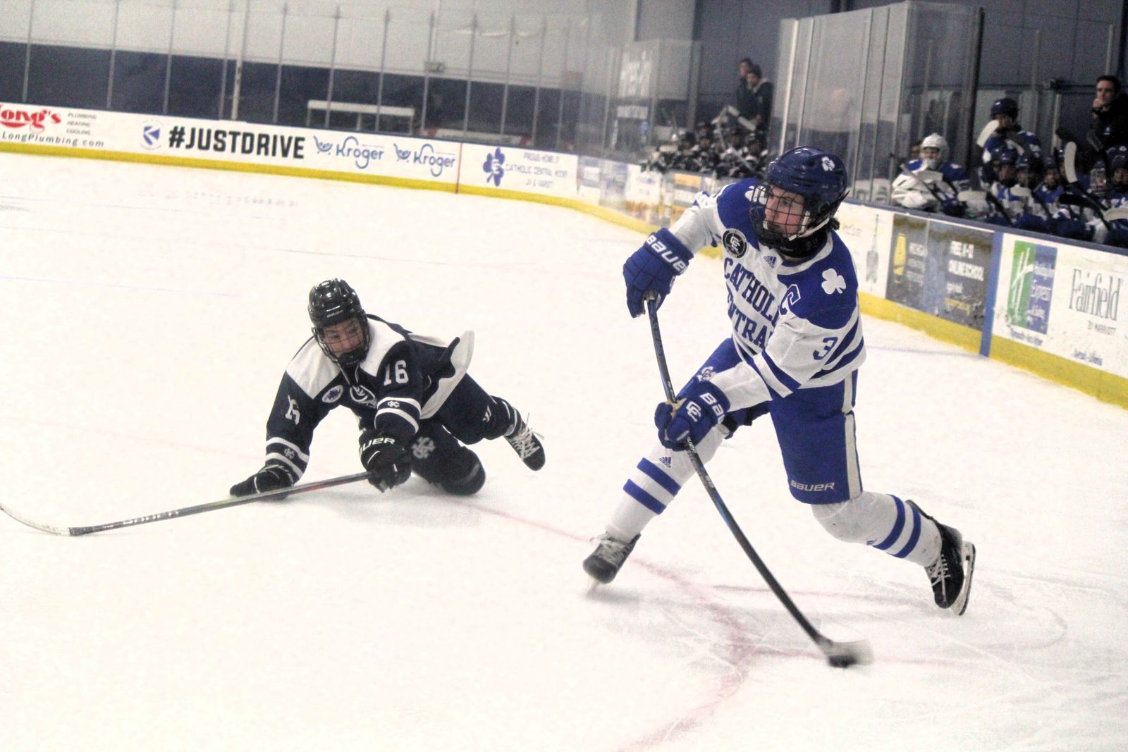 Nick Leiter rifles a shot on net. Leiter’s goal in the second overtime was the game-winner in Detroit Catholic Central’s 3-2 victory over Bloomfield Hills Cranbrook, earning the Shamrocks the Catholic League Bishop Division championship.
